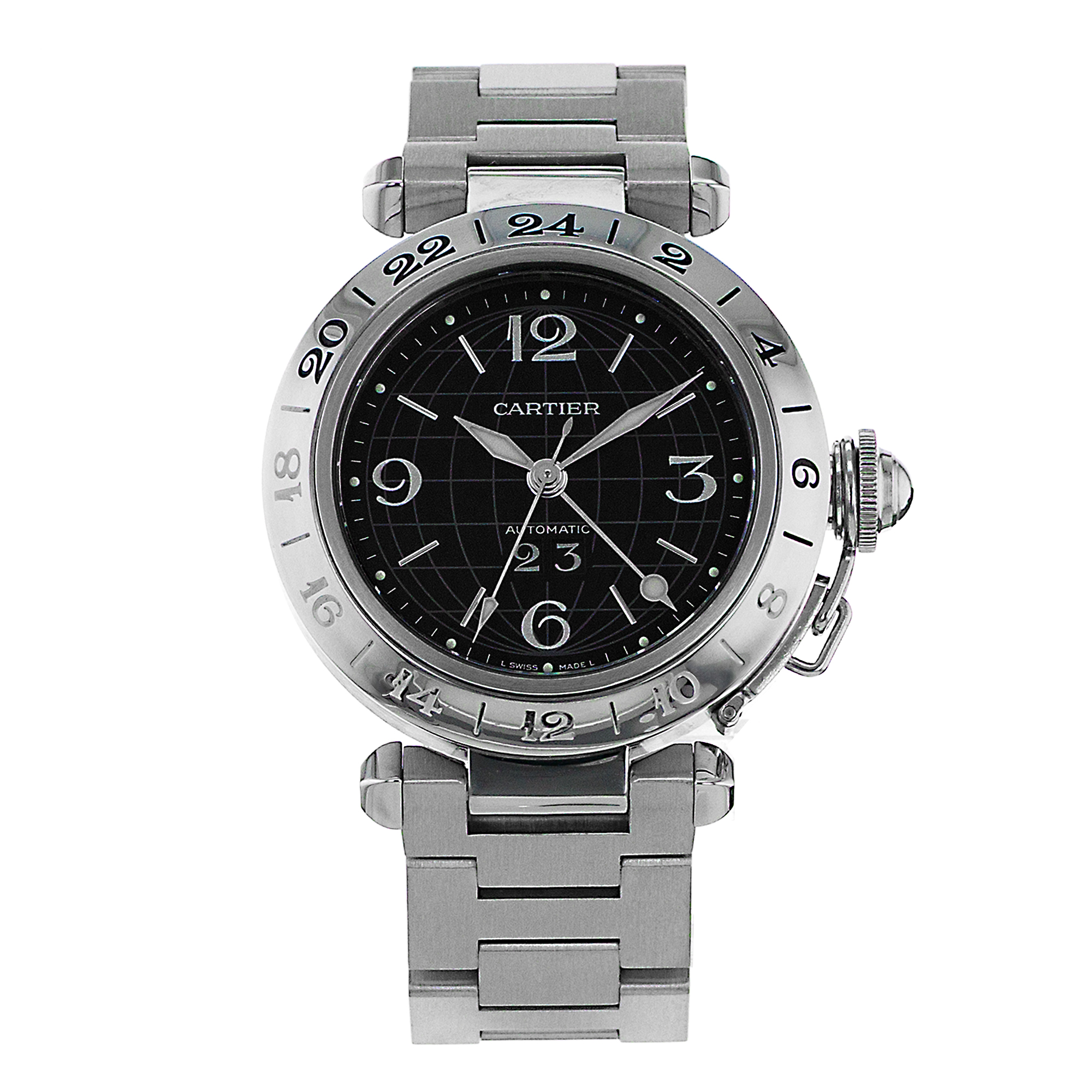 Cartier Pasha W31049M7 2550 35MM Black Arabic GMT Steel Automatic Mens Watch thumbnail 2