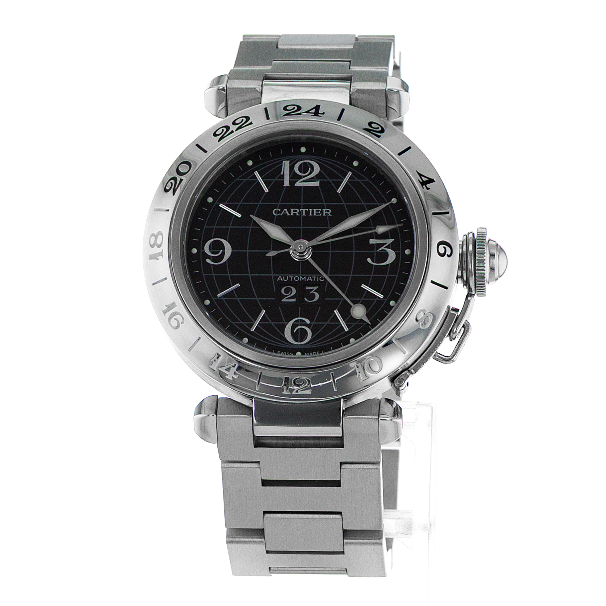 Cartier Pasha W31049M7 2550 35MM Black Arabic GMT Steel Automatic Mens Watch thumbnail 3