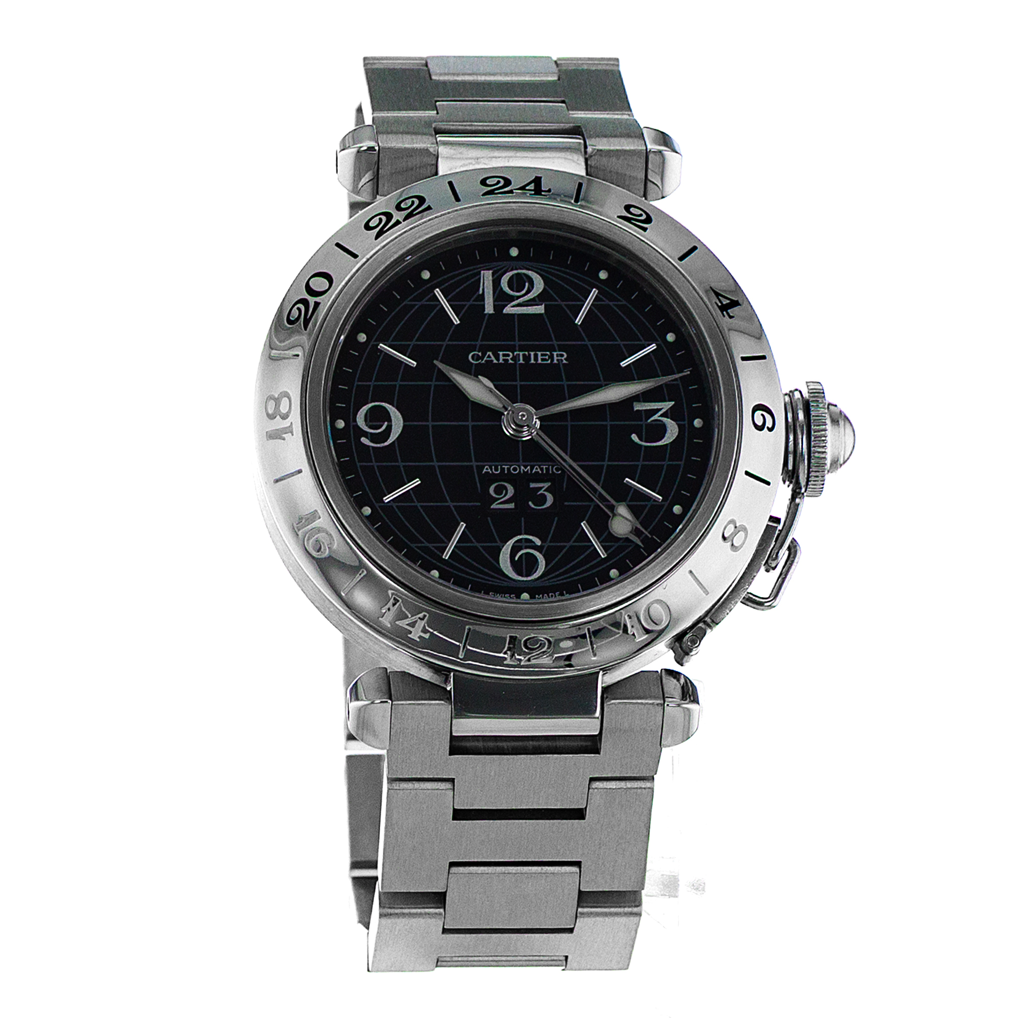 Cartier Pasha W31049M7 2550 35MM Black Arabic GMT Steel Automatic Mens Watch thumbnail 8