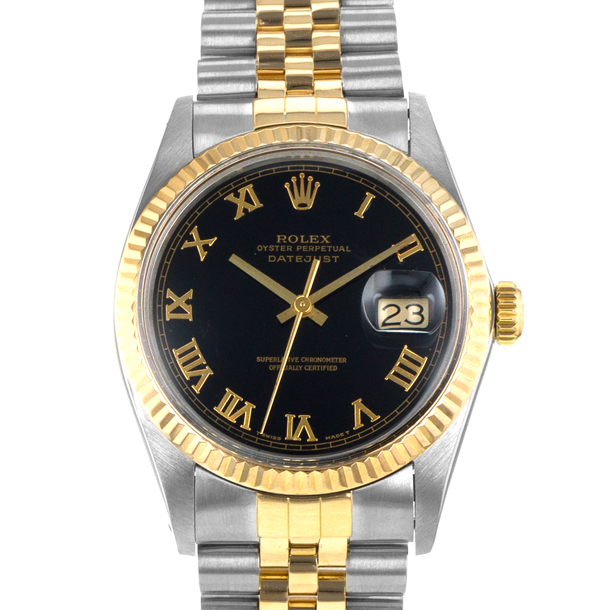 Rolex Datejust 36 16013 Vintage Black Roman Steel Yellow Gold Mens Watch 1987 thumbnail 1