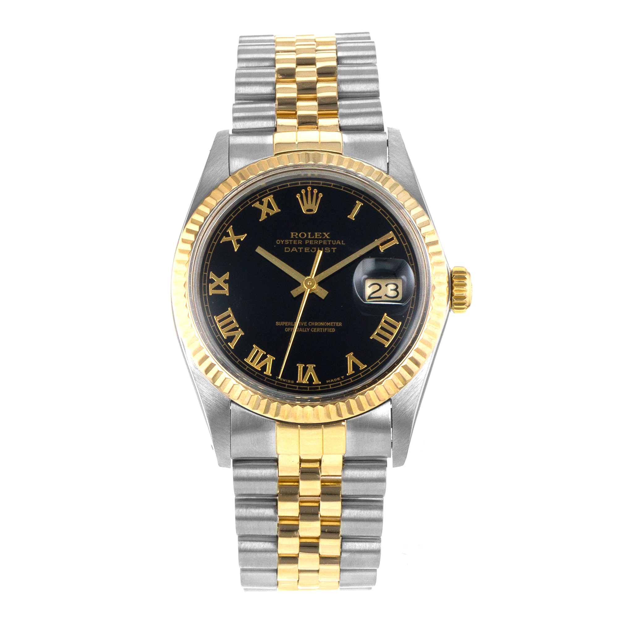 Rolex Datejust 36 16013 Vintage Black Roman Steel Yellow Gold Mens Watch 1987 thumbnail 2