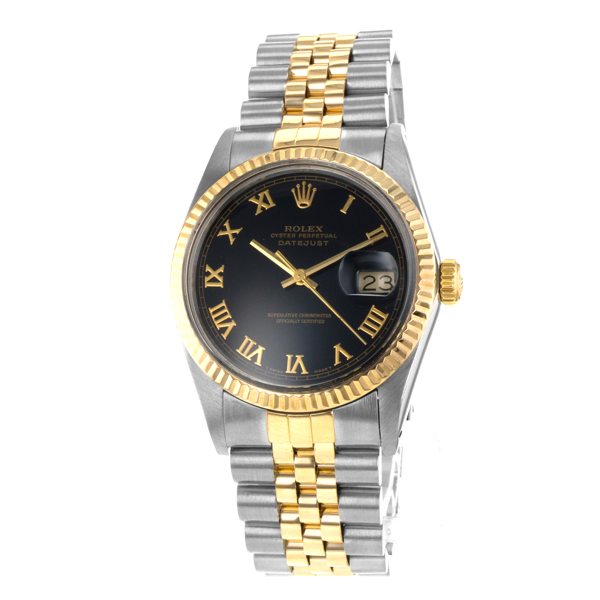 Rolex Datejust 36 16013 Vintage Black Roman Steel Yellow Gold Mens Watch 1987 thumbnail 3