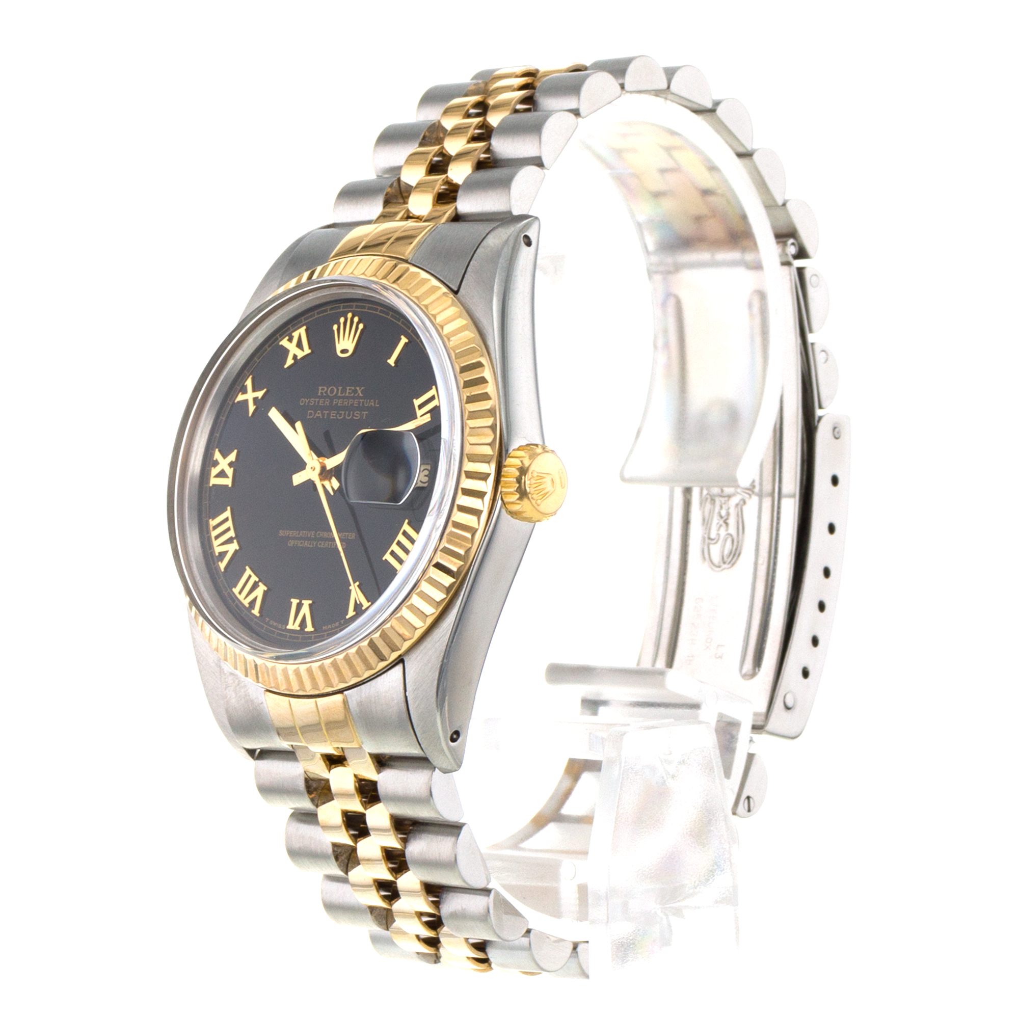 Rolex Datejust 36 16013 Vintage Black Roman Steel Yellow Gold Mens Watch 1987 thumbnail 4