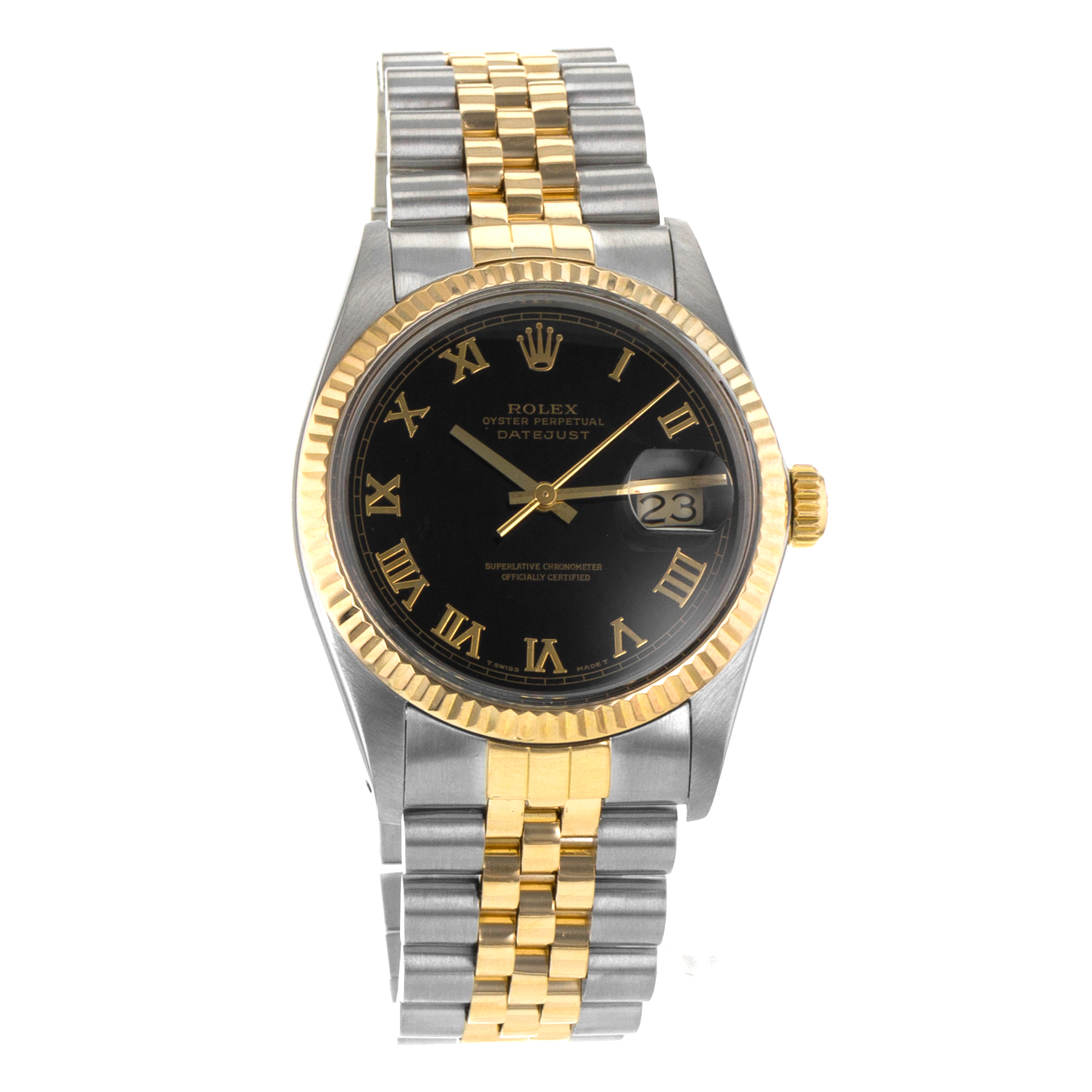 Rolex Datejust 36 16013 Vintage Black Roman Steel Yellow Gold Mens Watch 1987 thumbnail 8