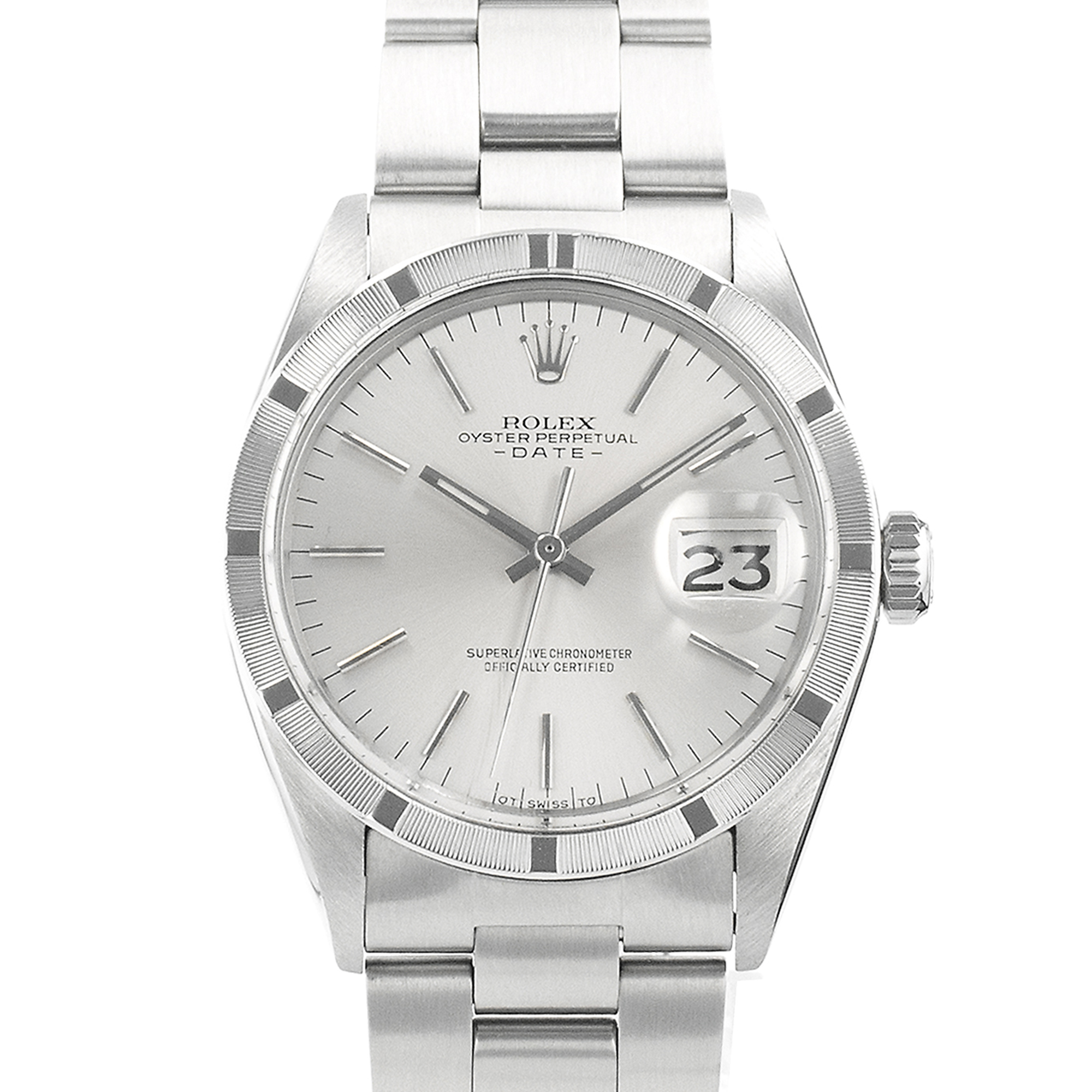 Rolex Date 1501 34mm Silver Index Engine Turned Steel Oyster Mens Watch thumbnail 1
