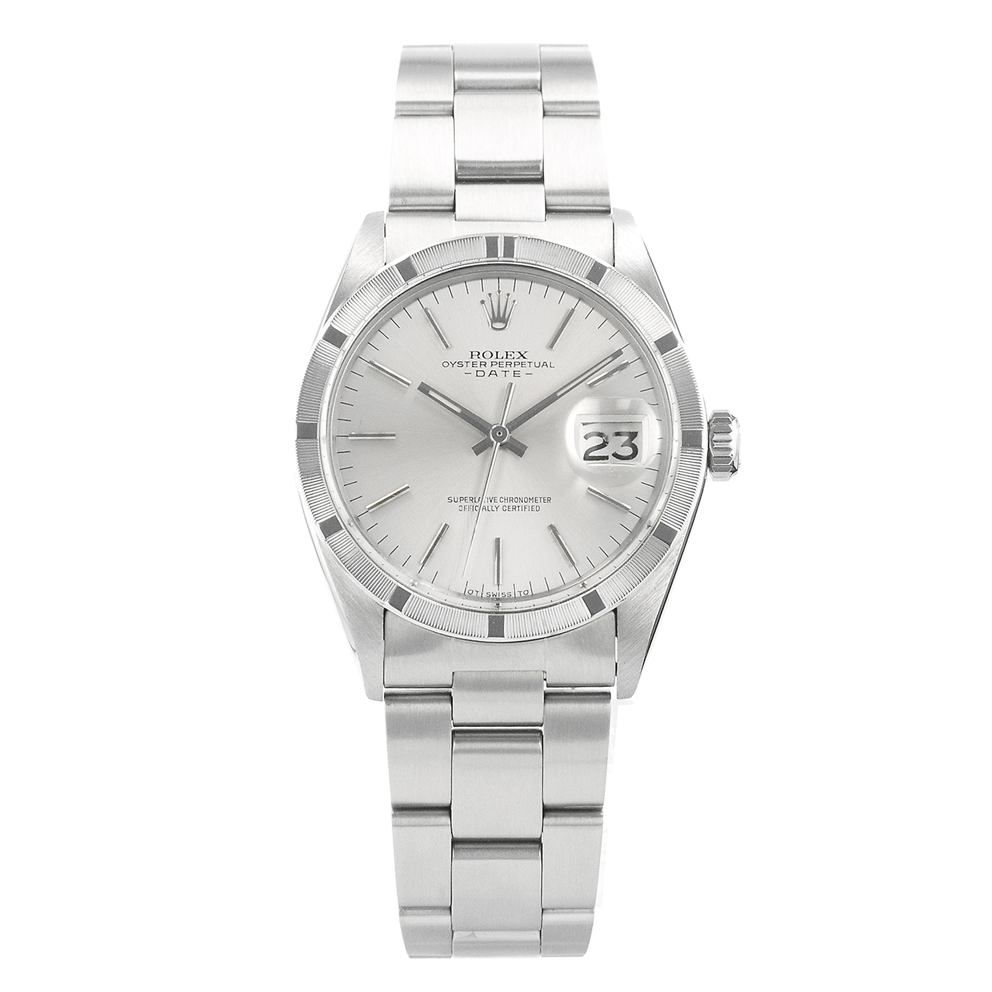 Rolex Date 1501 34mm Silver Index Engine Turned Steel Oyster Mens Watch thumbnail 2