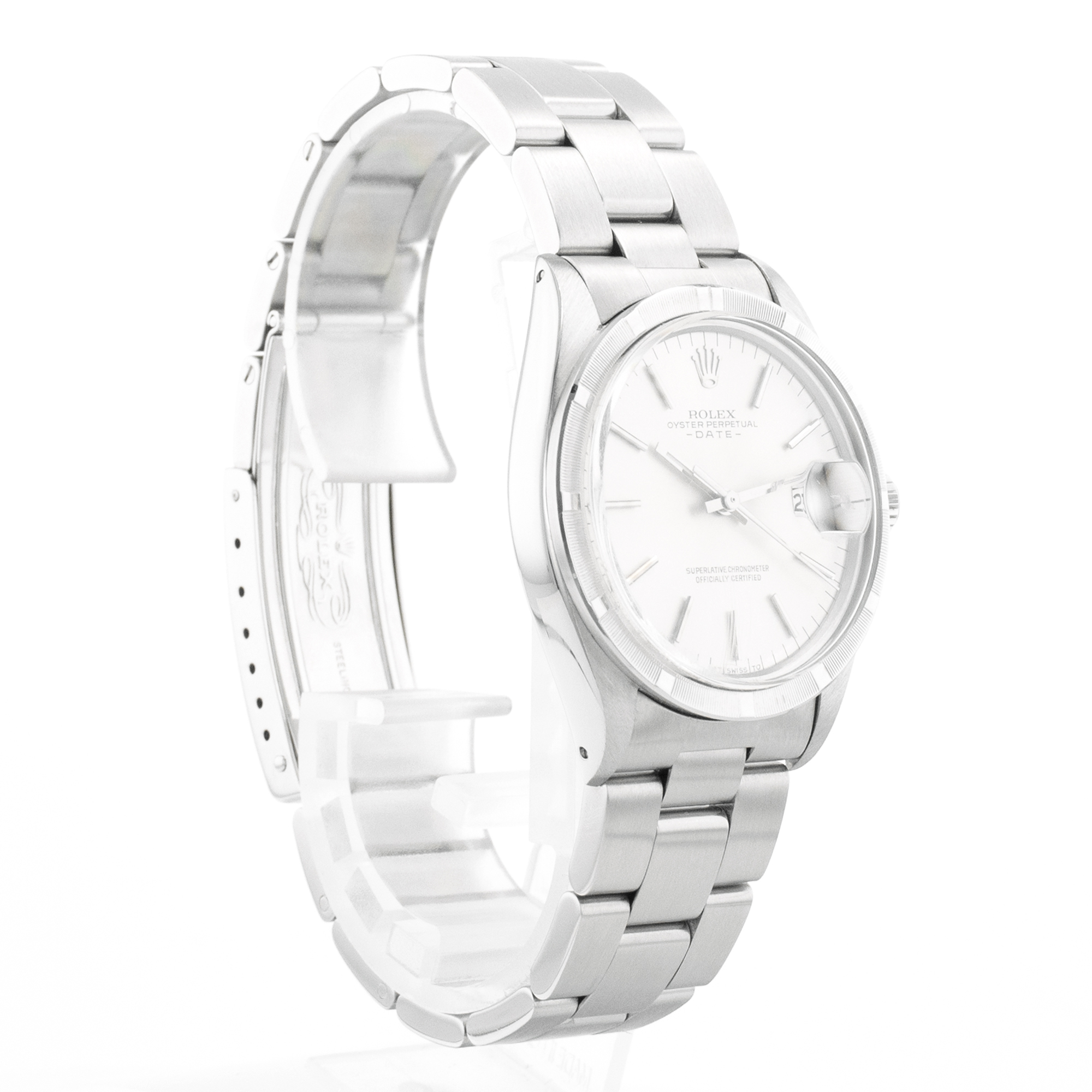 Rolex Date 1501 34mm Silver Index Engine Turned Steel Oyster Mens Watch thumbnail 7