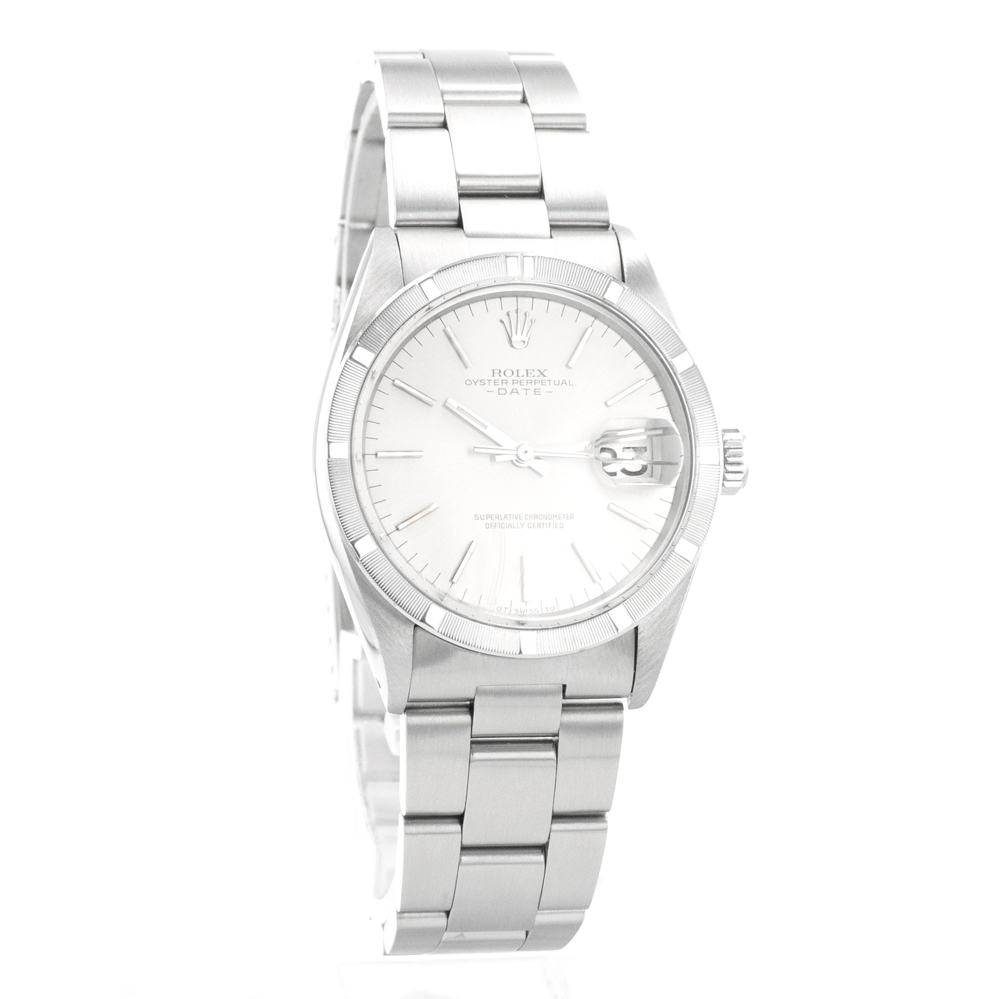Rolex Date 1501 34mm Silver Index Engine Turned Steel Oyster Mens Watch thumbnail 8