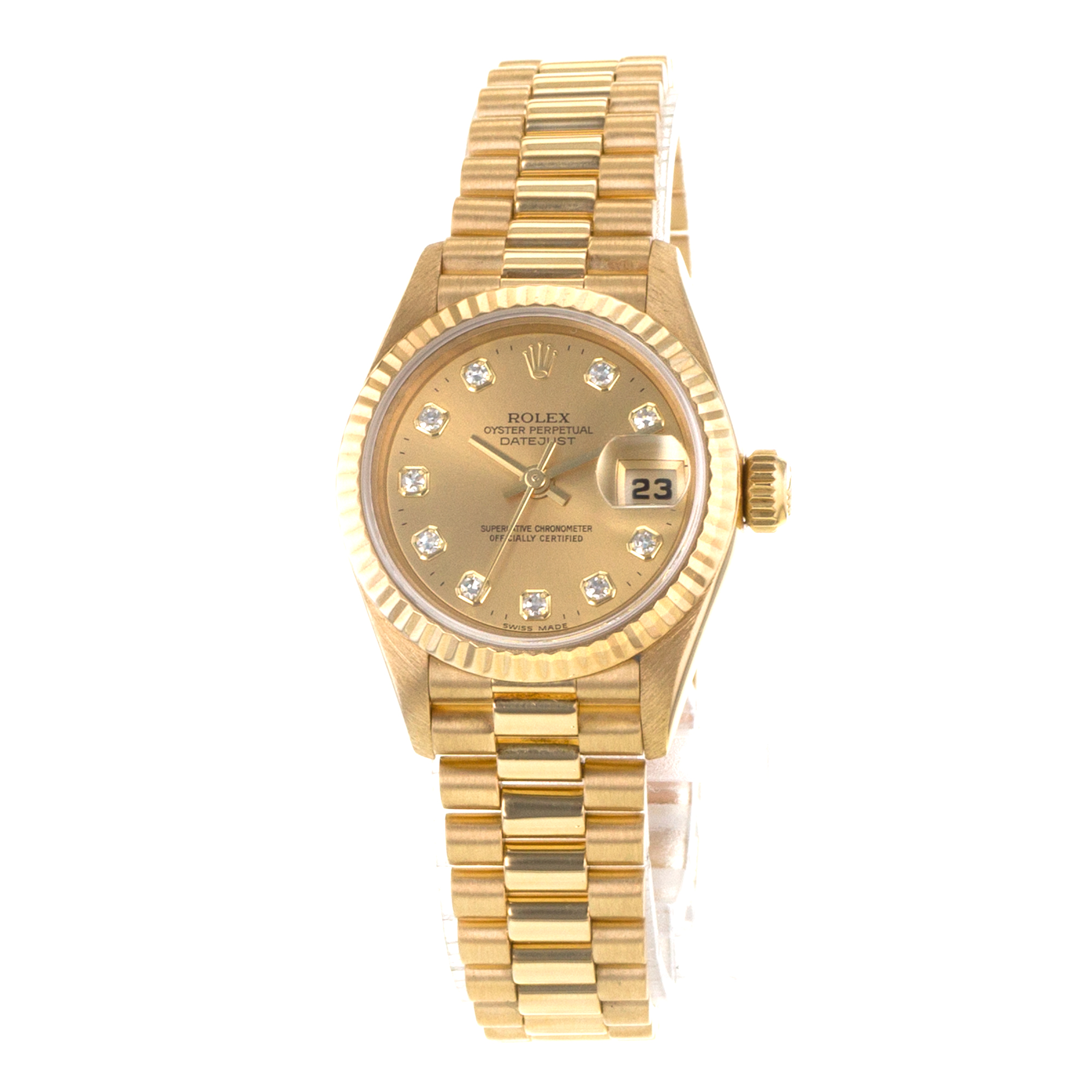 Rolex Datejust 69178 26mm Big Factory Diamond President Yellow Gold Ladies Watch thumbnail 3
