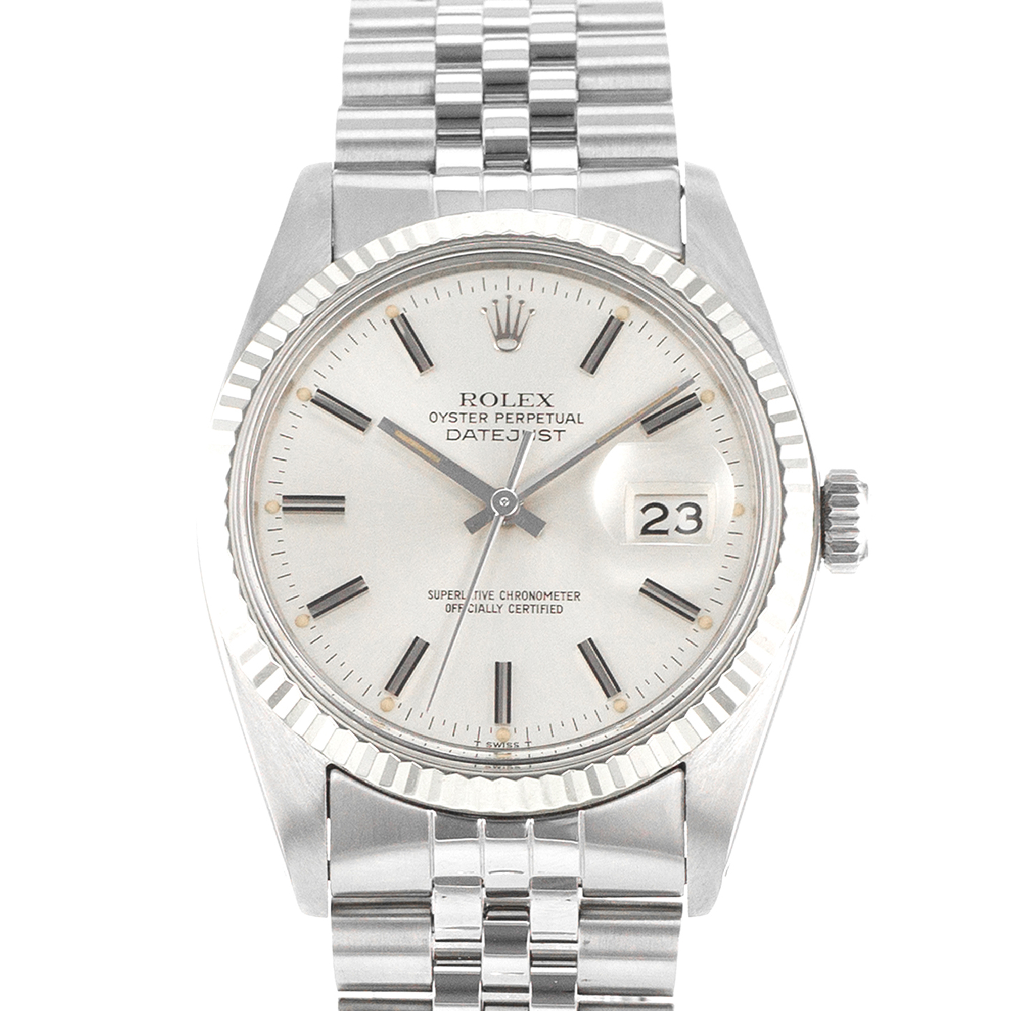 Rolex Datejust 36 16014 Vintage Silver Stick Steel White Gold Mens Watch 1979 thumbnail 1