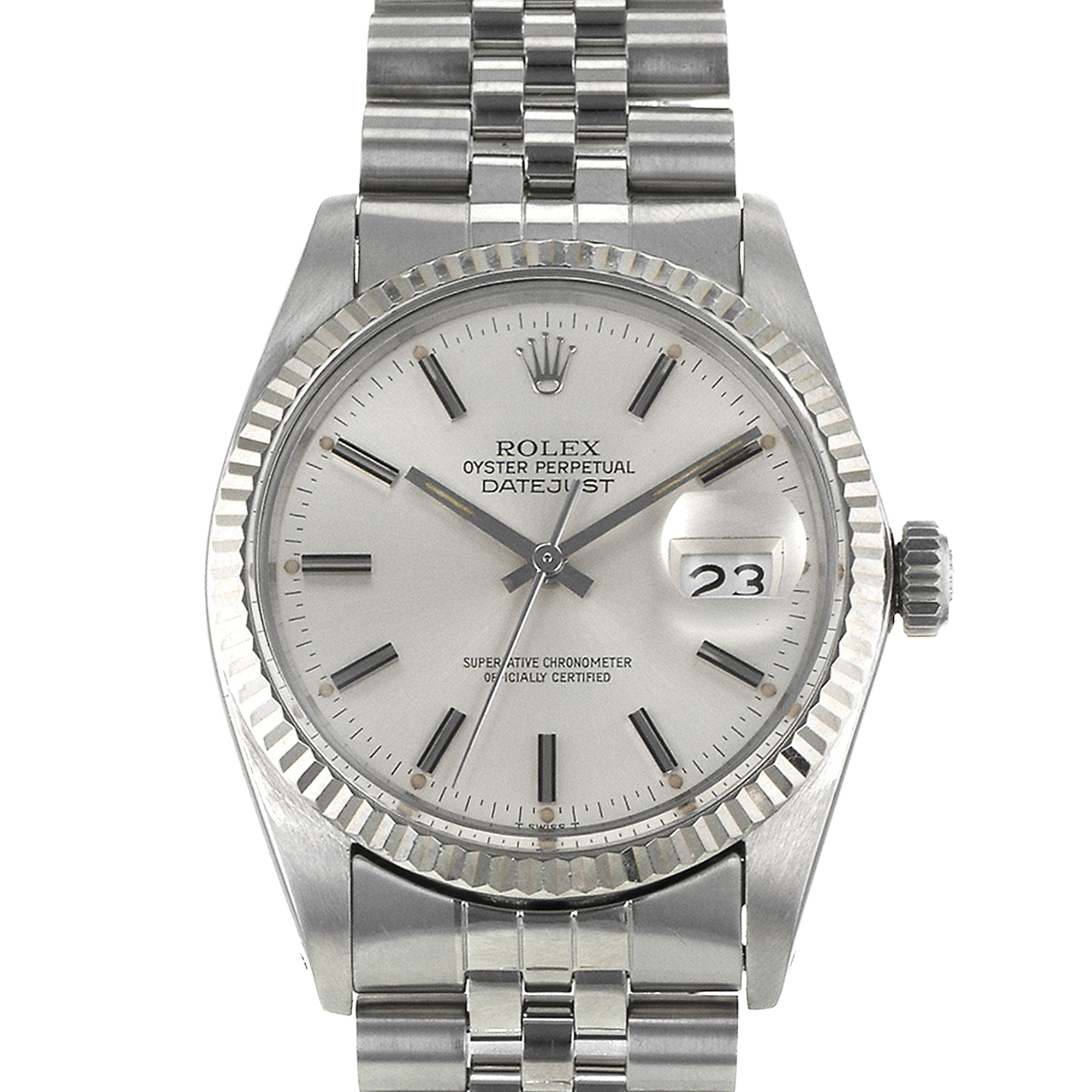 Rolex Datejust 36 16014 Vintage Silver Stick Jubilee Steel White Gold Mens Watch thumbnail 1