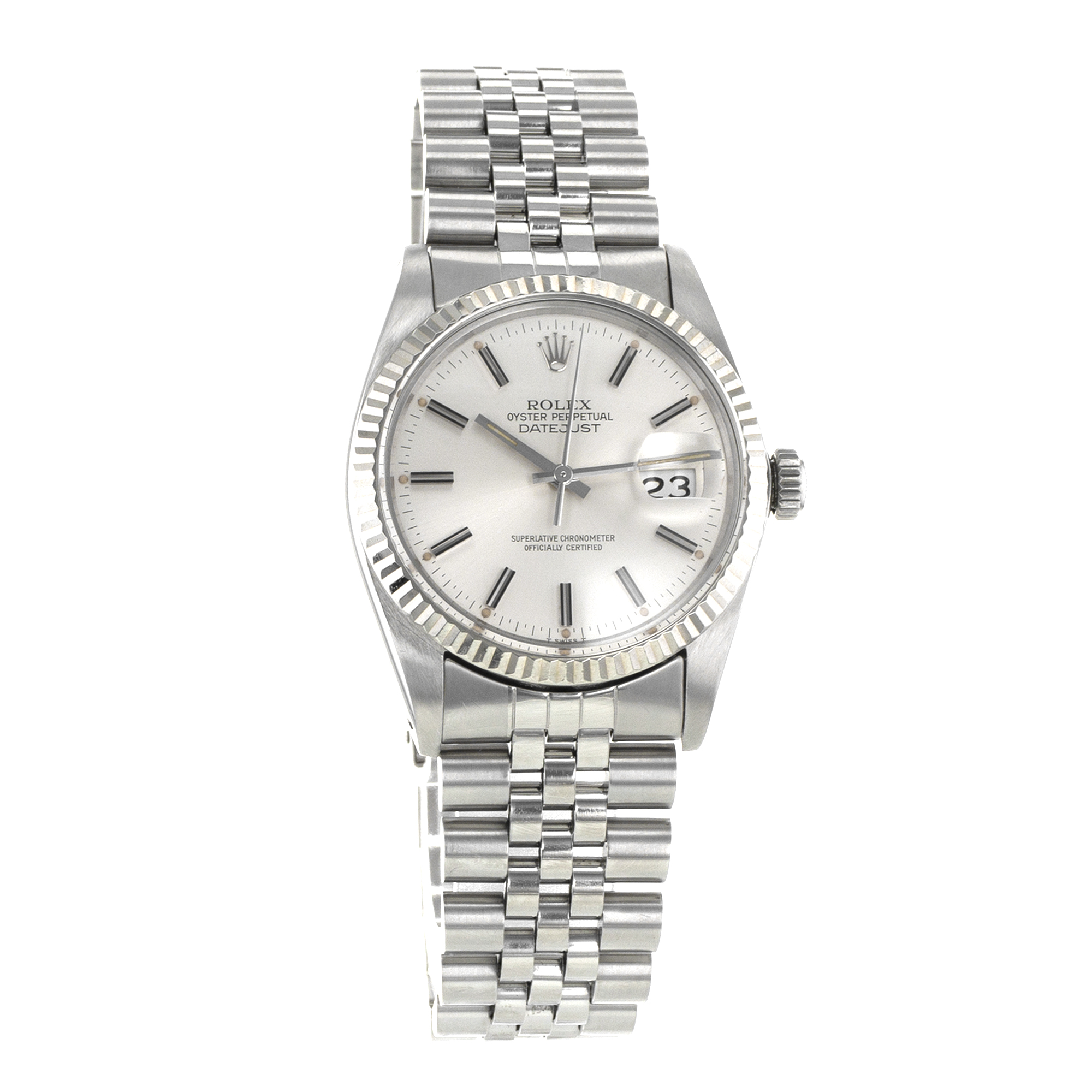 Rolex Datejust 36 16014 Vintage Silver Stick Jubilee Steel White Gold Mens Watch thumbnail 8