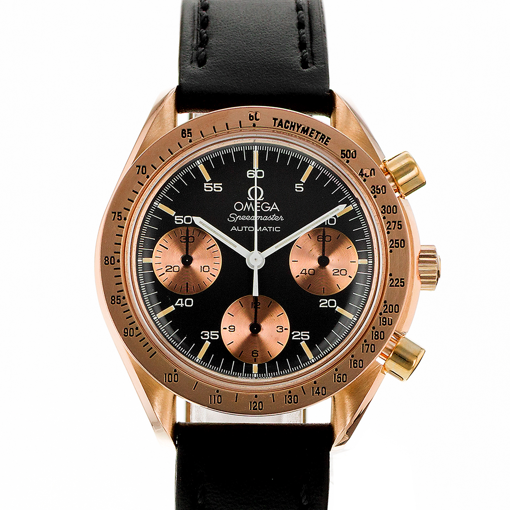 Omega Speedmaster Reduced 175.0033 39mm Black Chronograph Rose Gold Mens Watch thumbnail 1