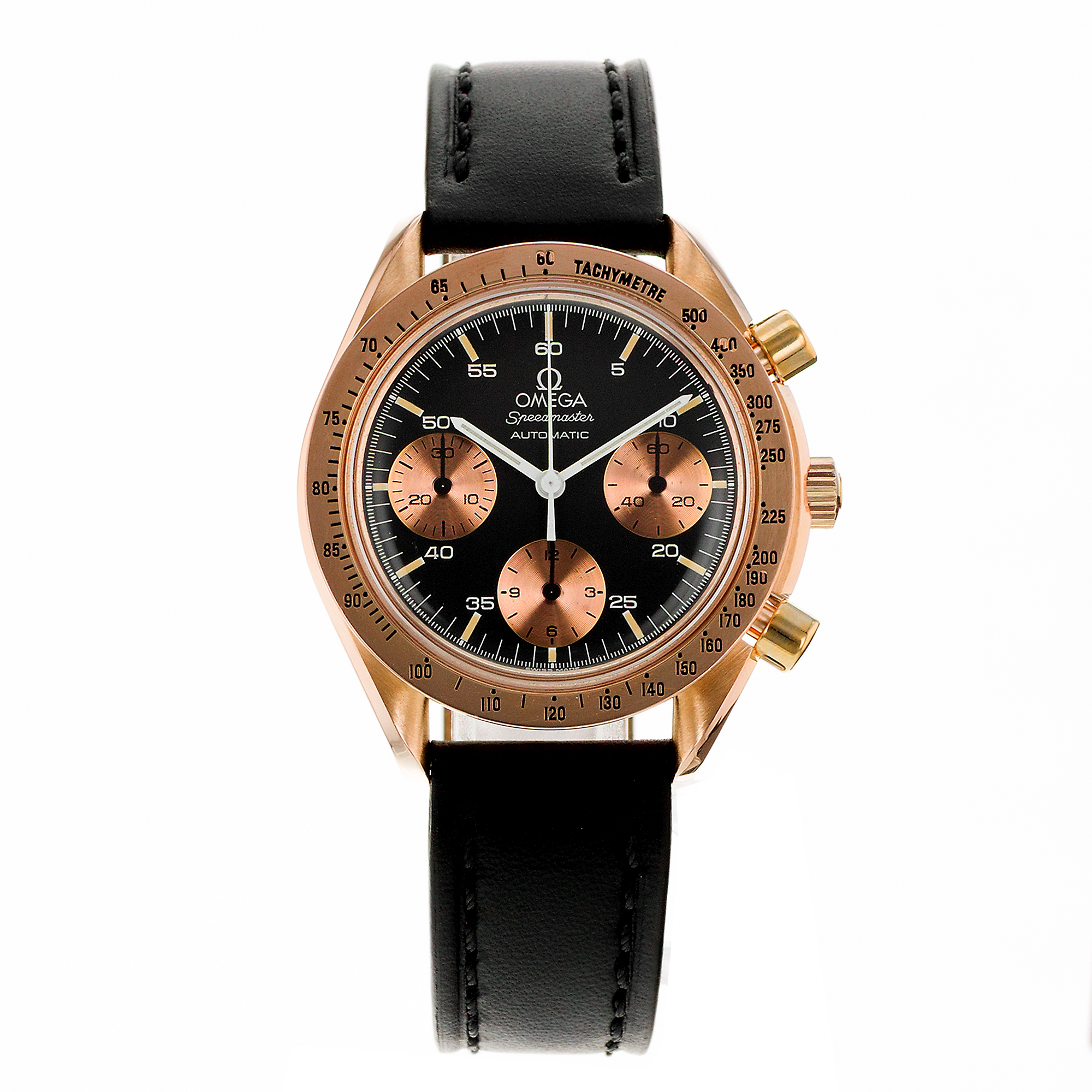 Omega Speedmaster Reduced 175.0033 39mm Black Chronograph Rose Gold Mens Watch thumbnail 2