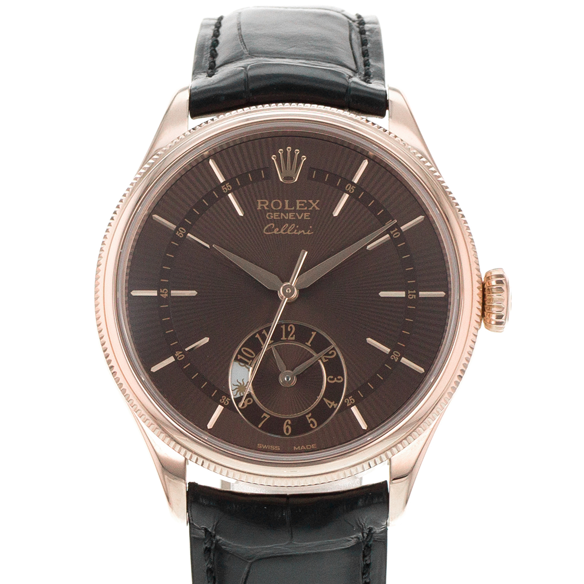 Rolex Celini Dual Time 50525 39mm Rose Gold Chocolate Brown Day Night Mens Watch thumbnail 1