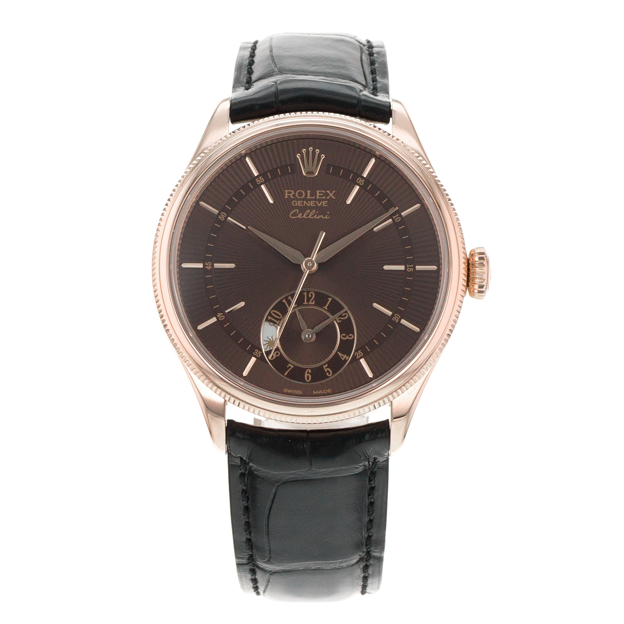 Rolex Celini Dual Time 50525 39mm Rose Gold Chocolate Brown Day Night Mens Watch thumbnail 2
