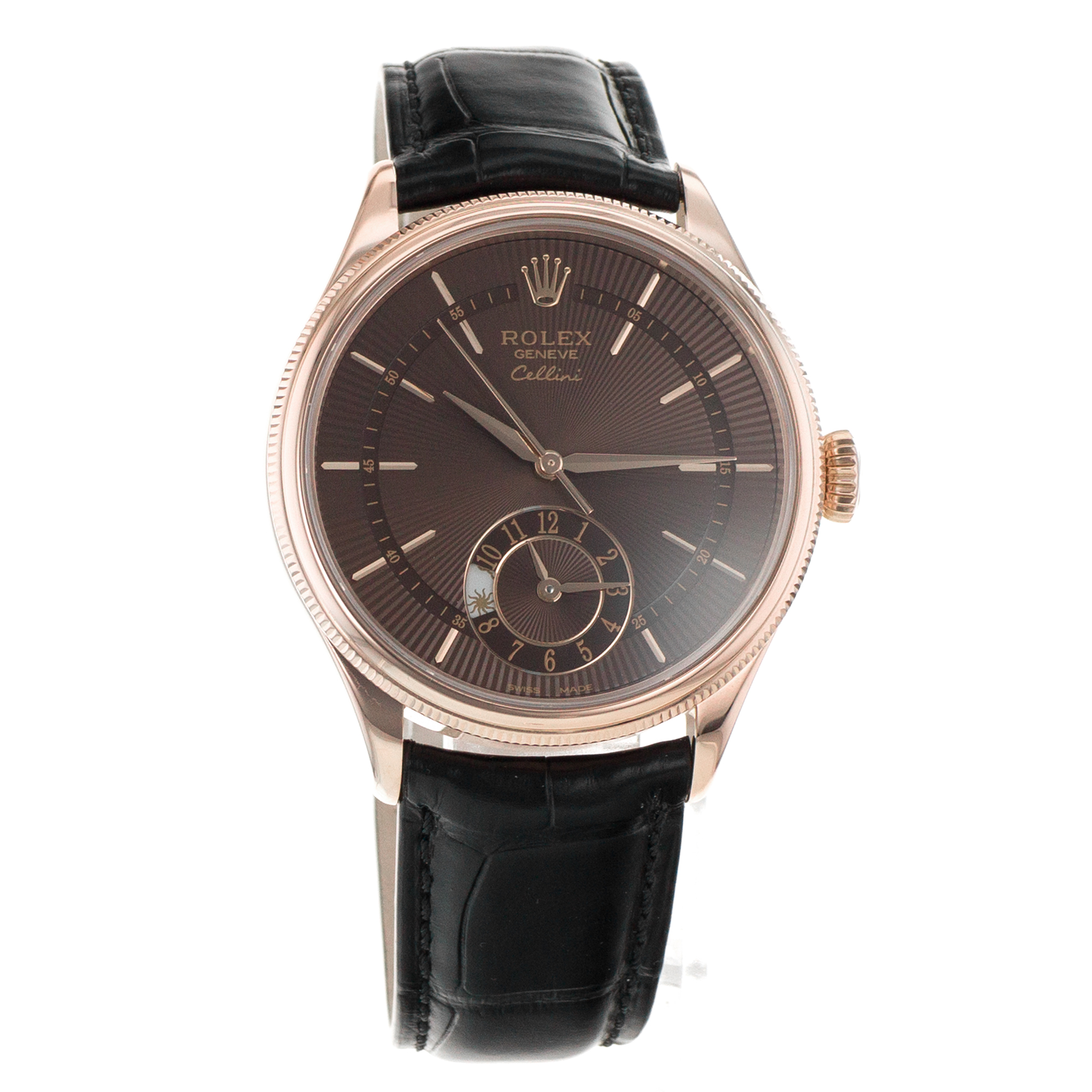 Rolex Celini Dual Time 50525 39mm Rose Gold Chocolate Brown Day Night Mens Watch thumbnail 8