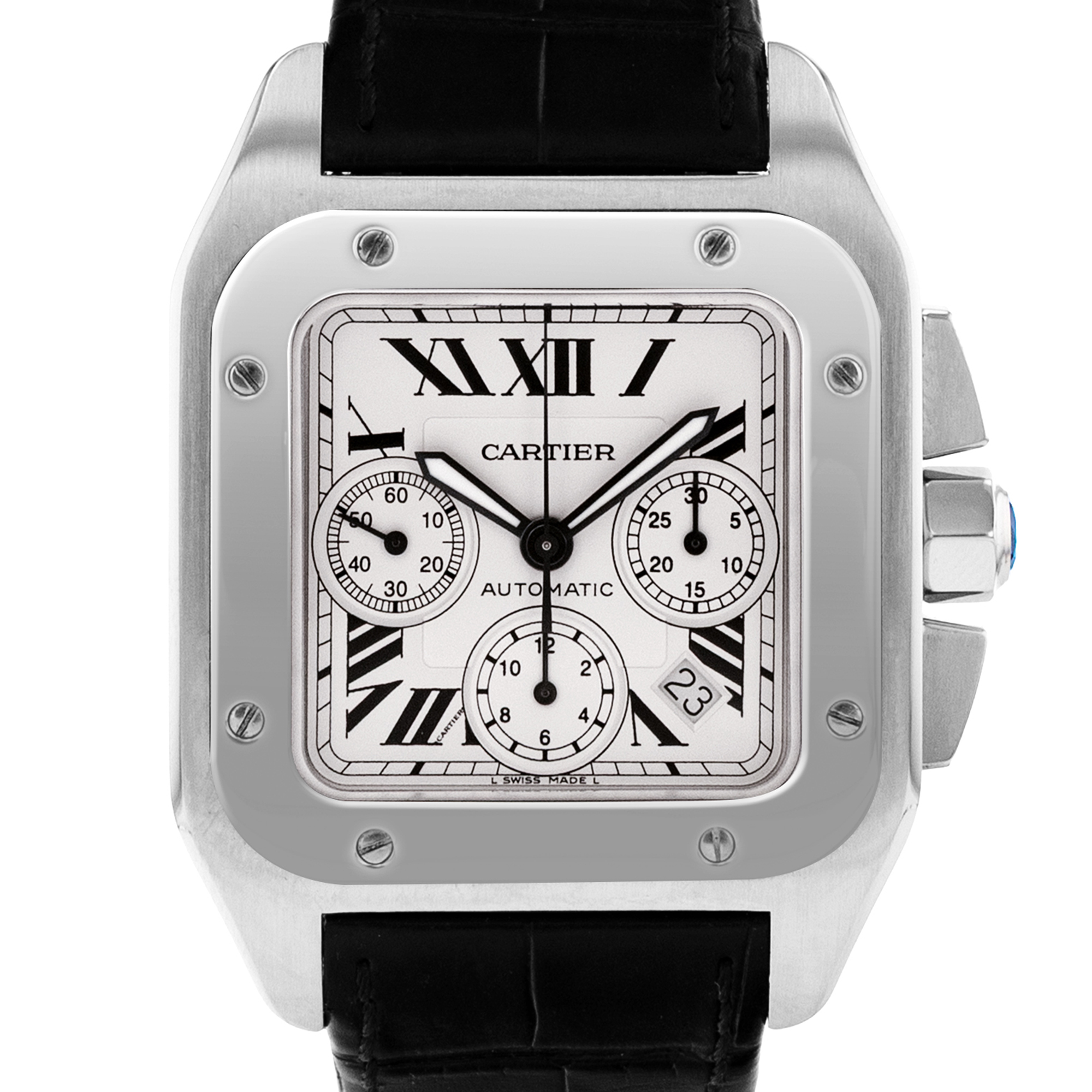 Cartier Santos 100 W20090X8 2740 41mm Silver Roman Steel Chronograph Mens Watch thumbnail 1