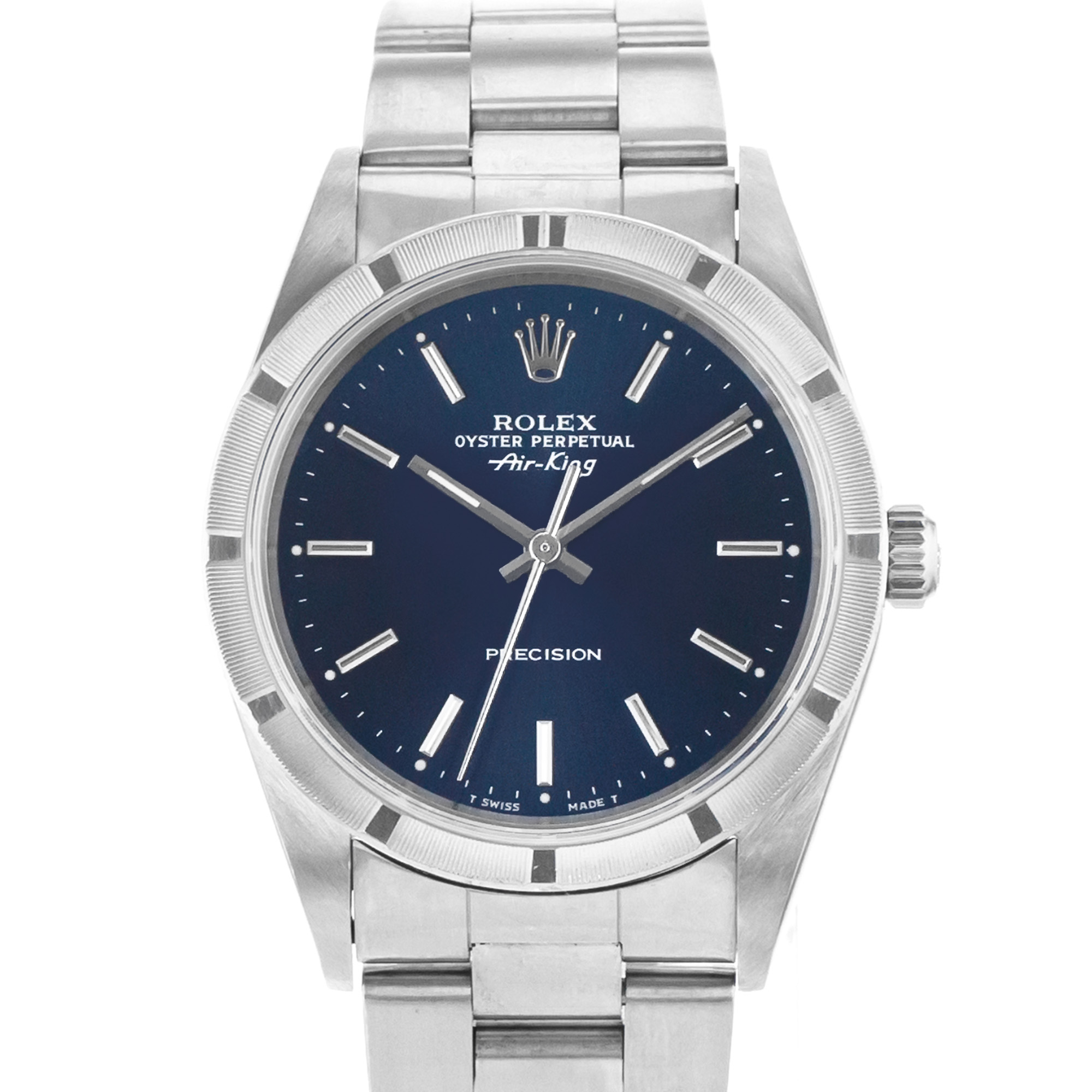 Rolex Air King 14010M 34mm Blue Index Steel Engine Turned Oyster Mens Watch 2003 thumbnail 2