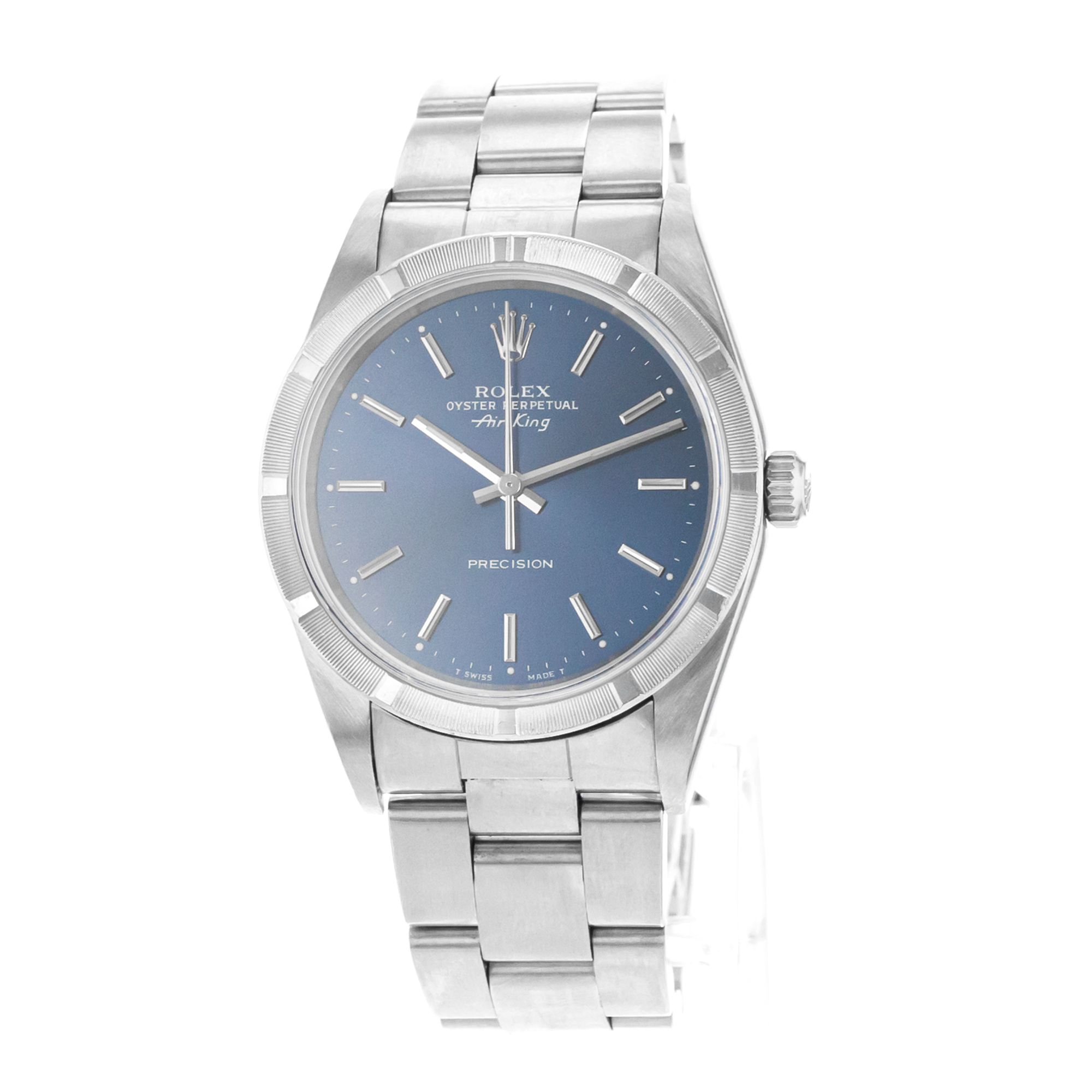 Rolex Air King 14010M 34mm Blue Index Steel Engine Turned Oyster Mens Watch 2003 thumbnail 4