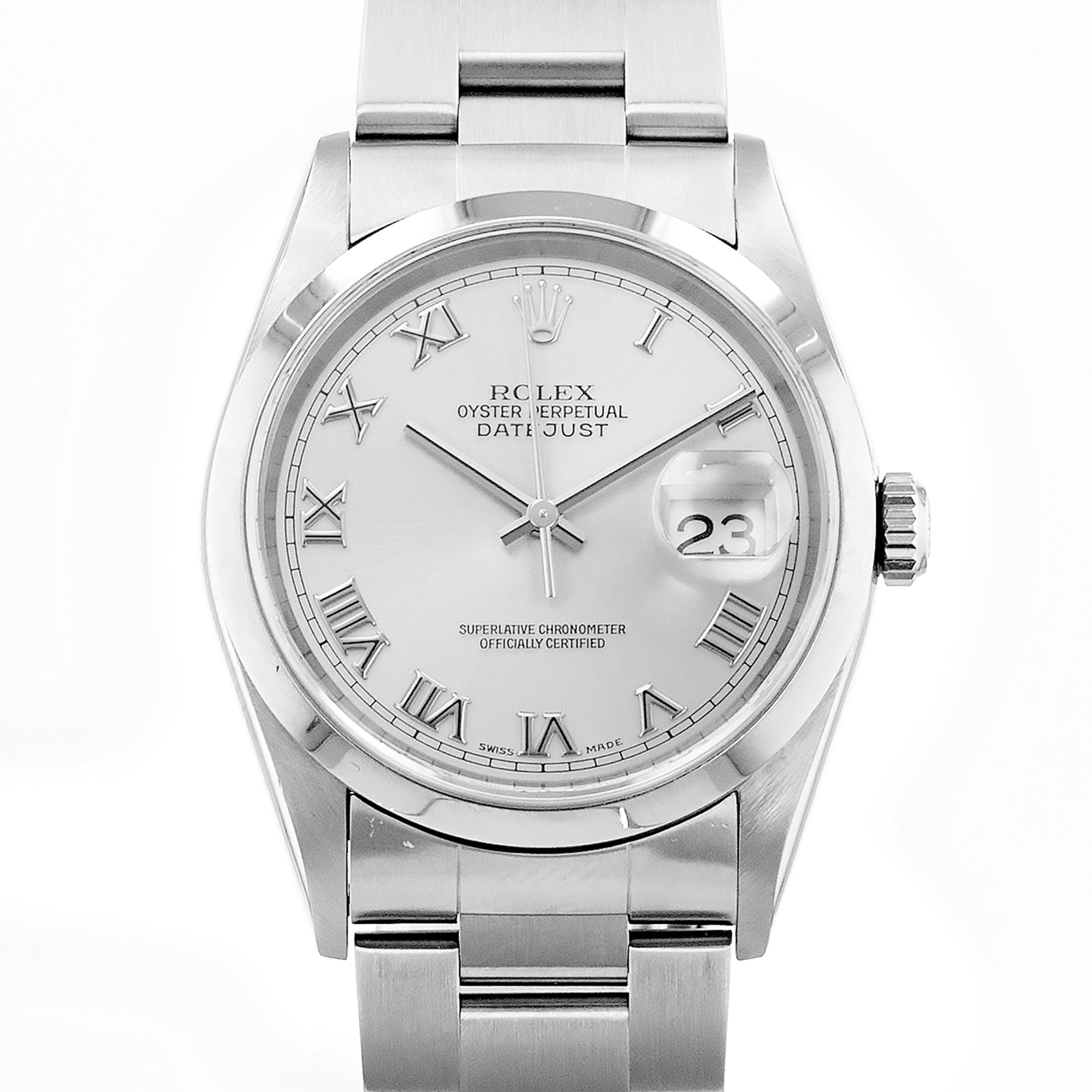 Rolex Datejust 36 16200 Silver Roman Smooth Steel Oyster Mens Watch 2001 Papers thumbnail 1