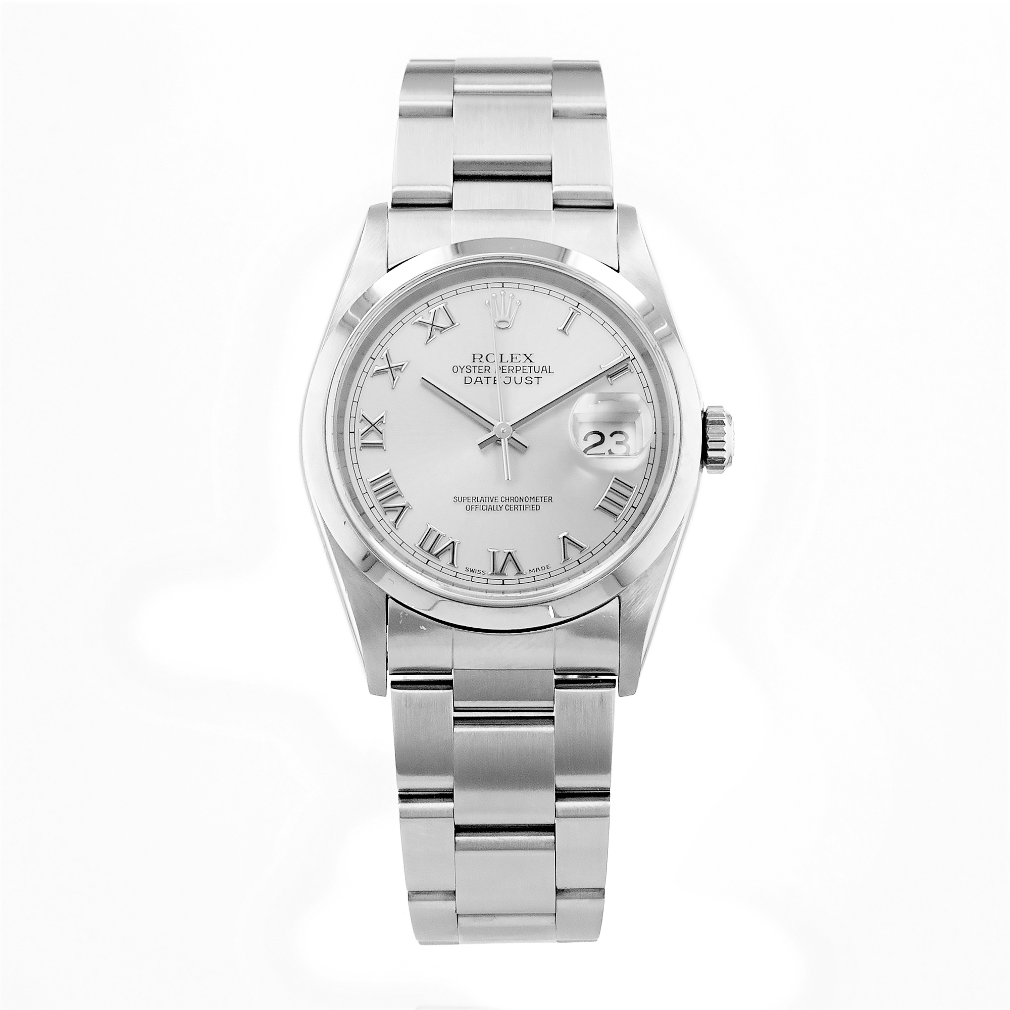 Rolex Datejust 36 16200 Silver Roman Smooth Steel Oyster Mens Watch 2001 Papers thumbnail 2