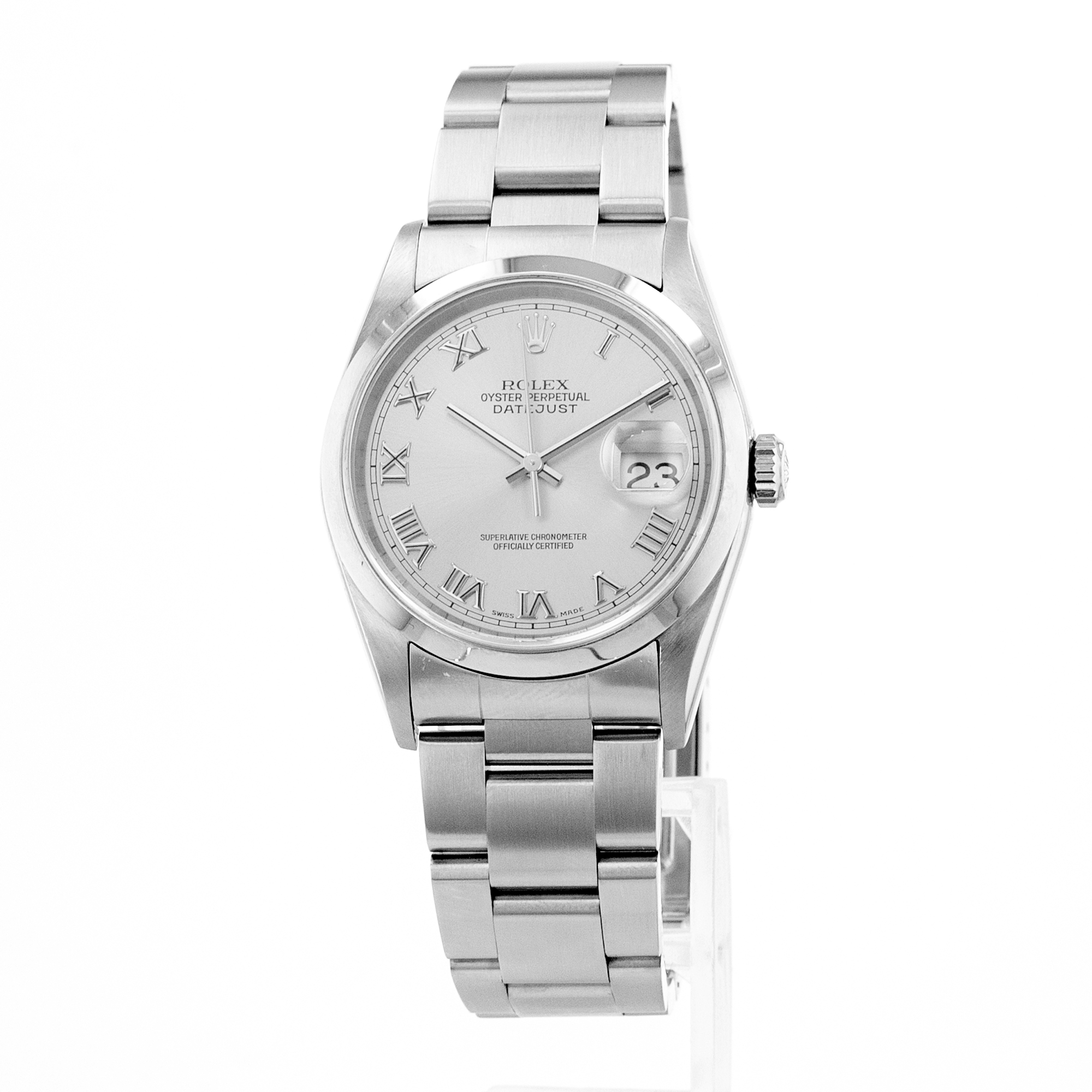 Rolex Datejust 36 16200 Silver Roman Smooth Steel Oyster Mens Watch 2001 Papers thumbnail 3