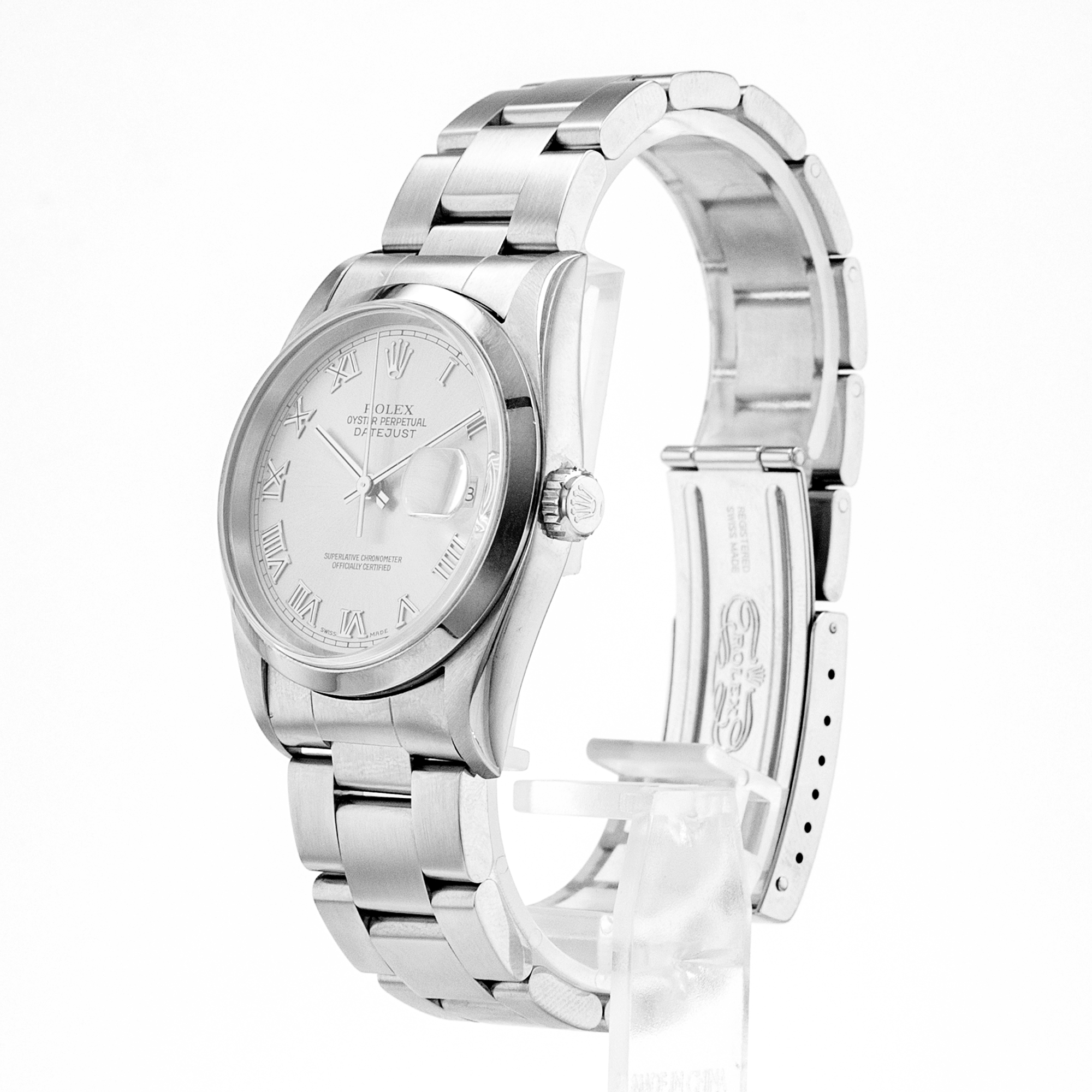 Rolex Datejust 36 16200 Silver Roman Smooth Steel Oyster Mens Watch 2001 Papers thumbnail 4