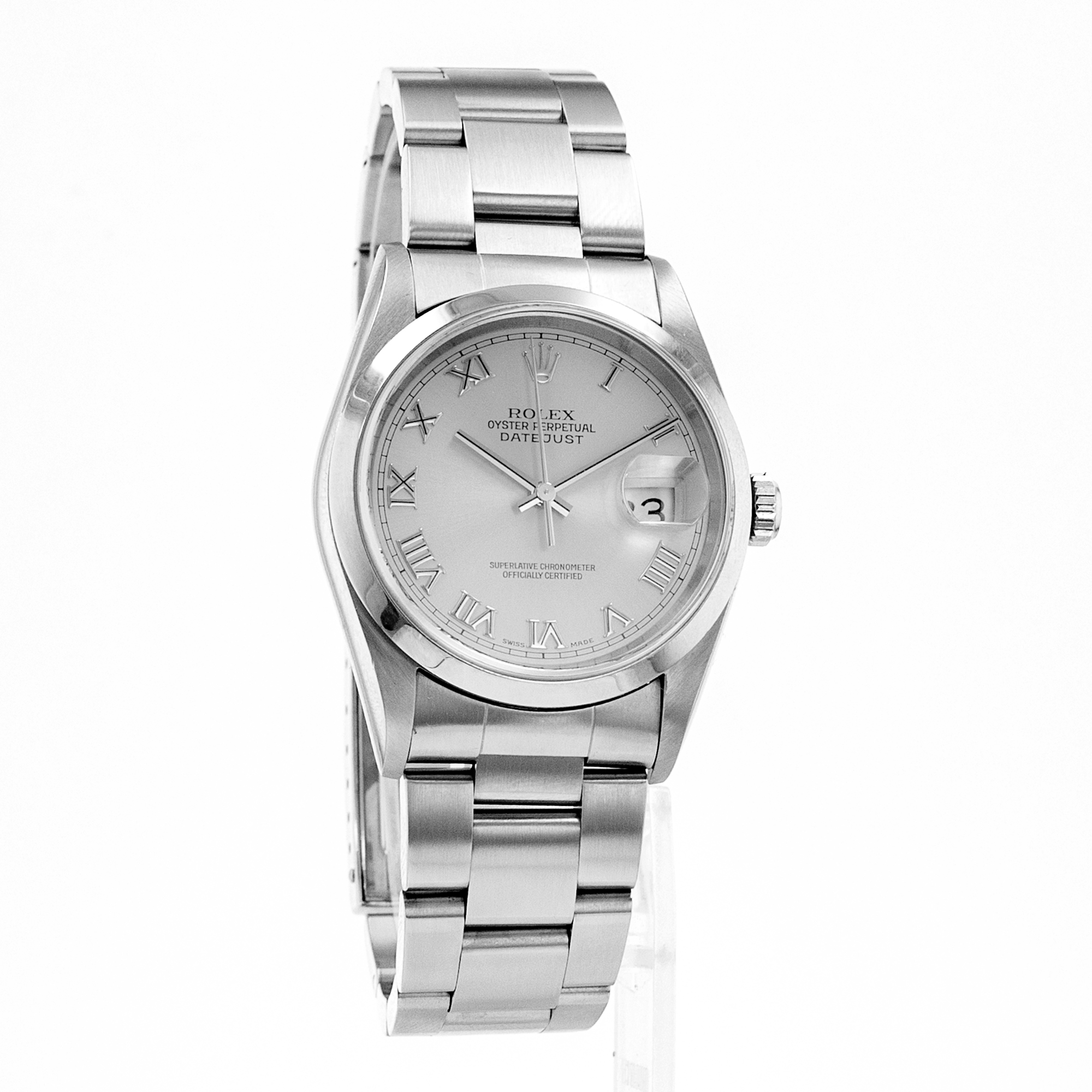 Rolex Datejust 36 16200 Silver Roman Smooth Steel Oyster Mens Watch 2001 Papers thumbnail 8