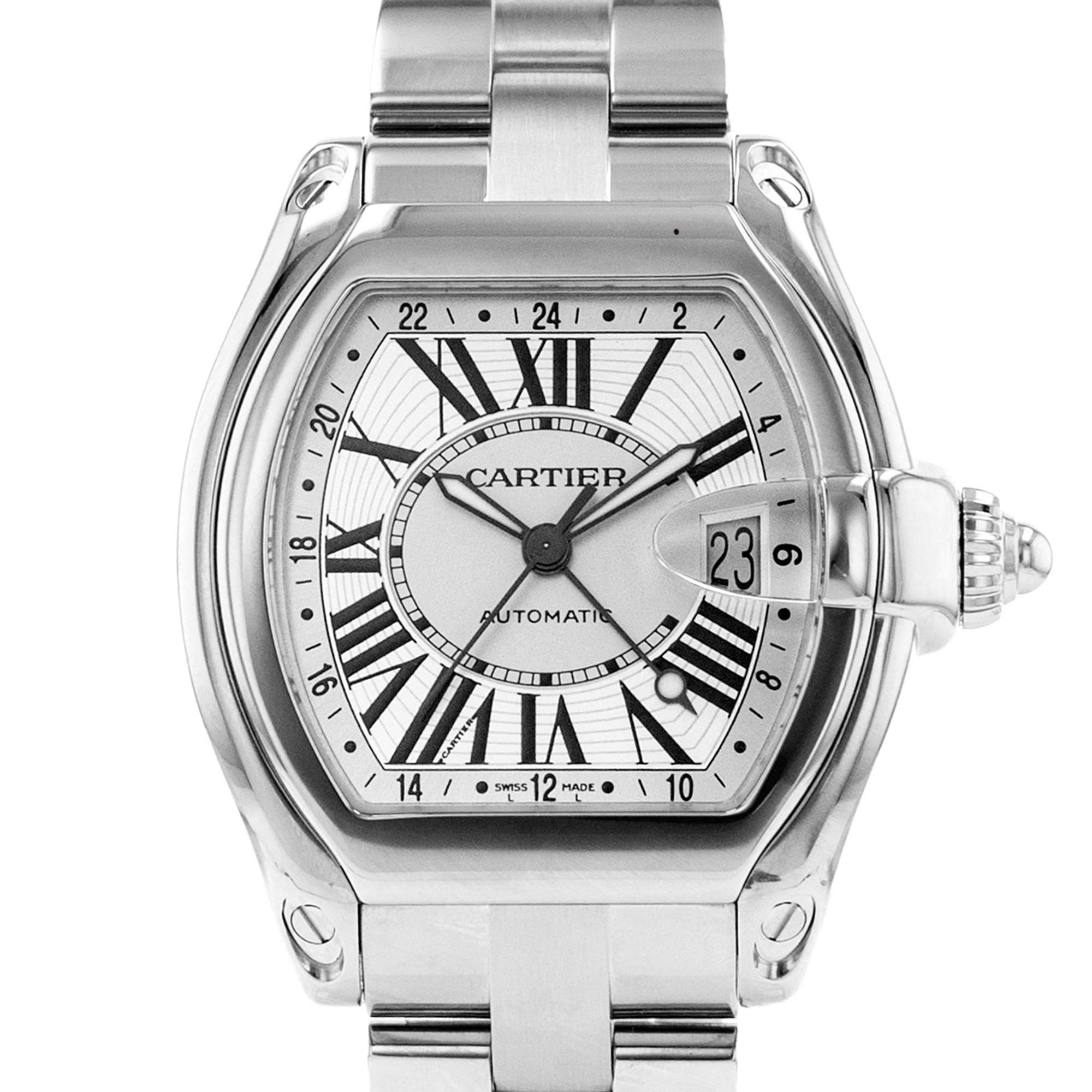 Cartier Roadster W62032X6 2722 40mm XL Silver Roman GMT Steel Mens Watch 2010 thumbnail 1