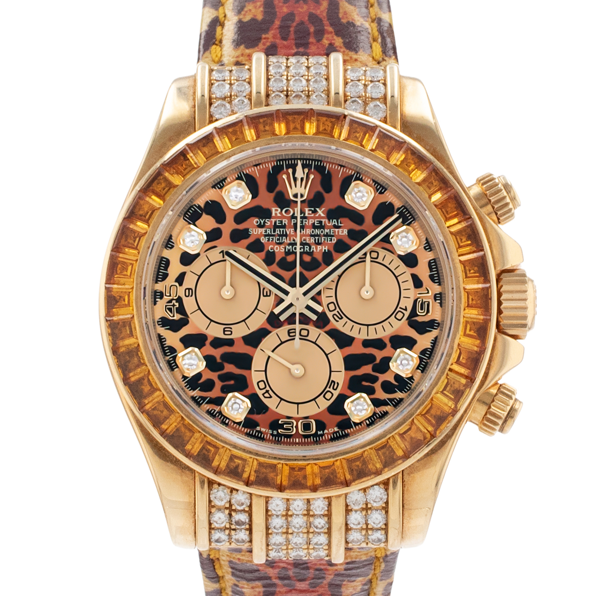 Rolex Daytona 116598 SACO Cosmograph Leopard Diamond Orange Yellow Gold Watch thumbnail 1