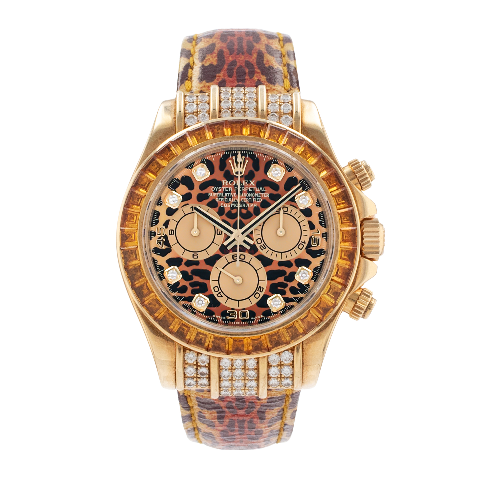 Rolex Daytona 116598 SACO Cosmograph Leopard Diamond Orange Yellow Gold Watch thumbnail 2