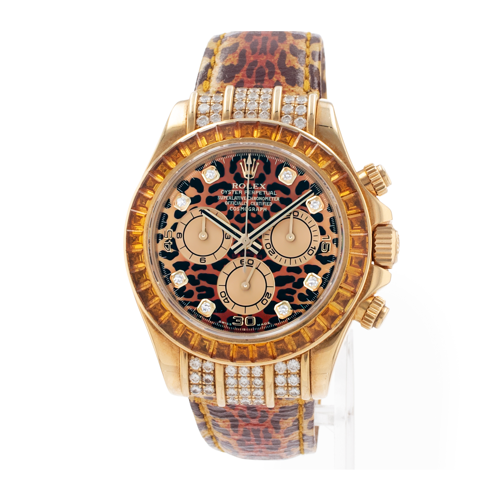 Rolex Daytona 116598 SACO Cosmograph Leopard Diamond Orange Yellow Gold Watch thumbnail 3