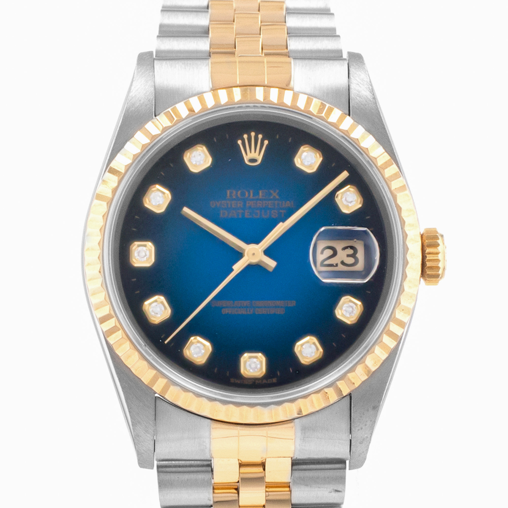 Rolex Datejust 36 16233 Blue Vignette Diamond Steel Yellow Gold Mens Watch 1996 thumbnail 1