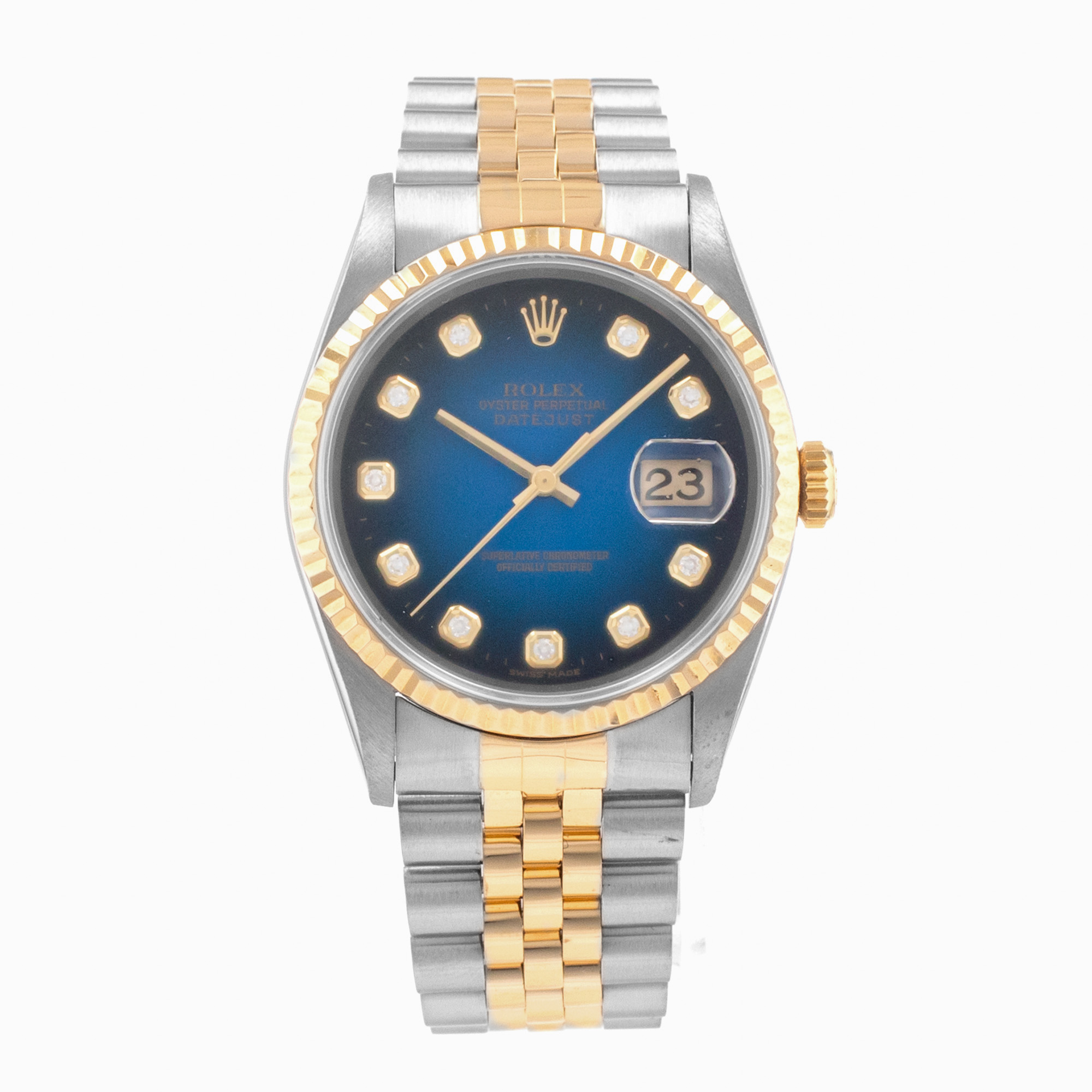Rolex Datejust 36 16233 Blue Vignette Diamond Steel Yellow Gold Mens Watch 1996 thumbnail 2