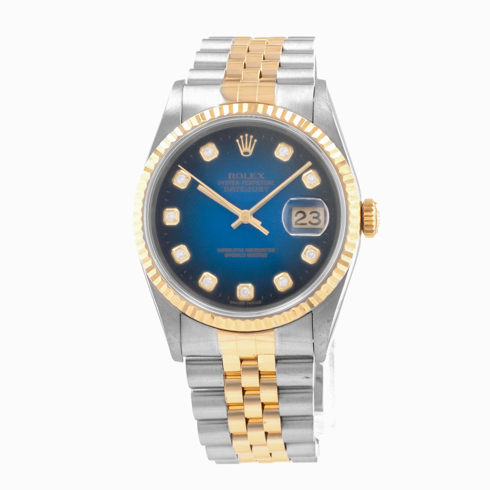 Rolex Datejust 36 16233 Blue Vignette Diamond Steel Yellow Gold Mens Watch 1996 thumbnail 3