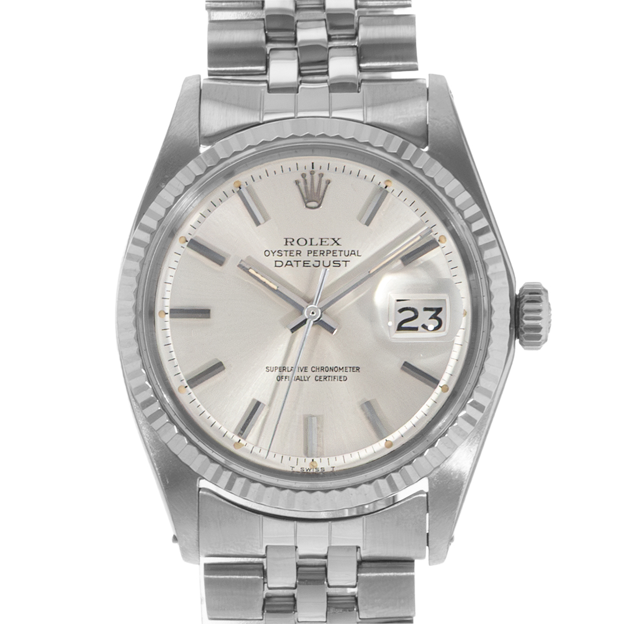 Rolex Datejust 36 1601 Silver Index Steel White Gold Jubilee Mens Watch 1972 thumbnail 1