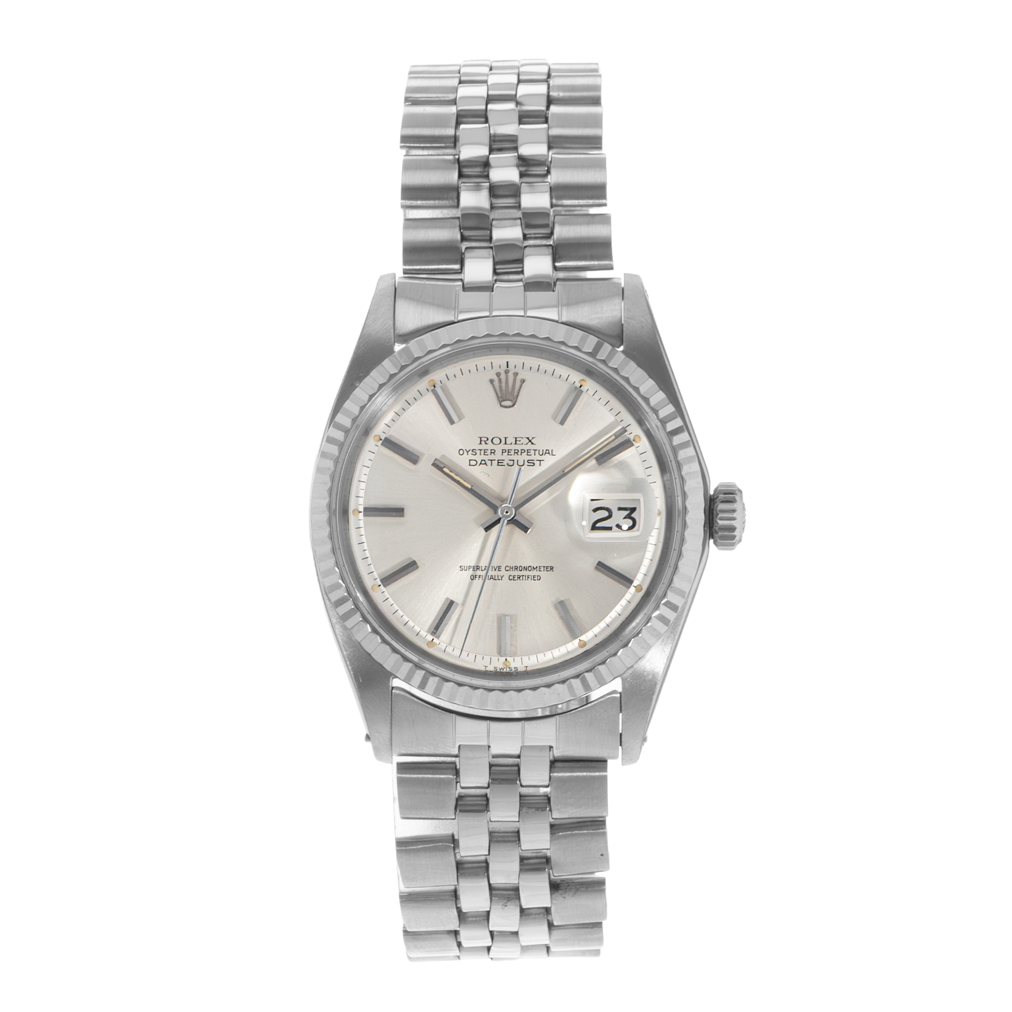 Rolex Datejust 36 1601 Silver Index Steel White Gold Jubilee Mens Watch 1972 thumbnail 2