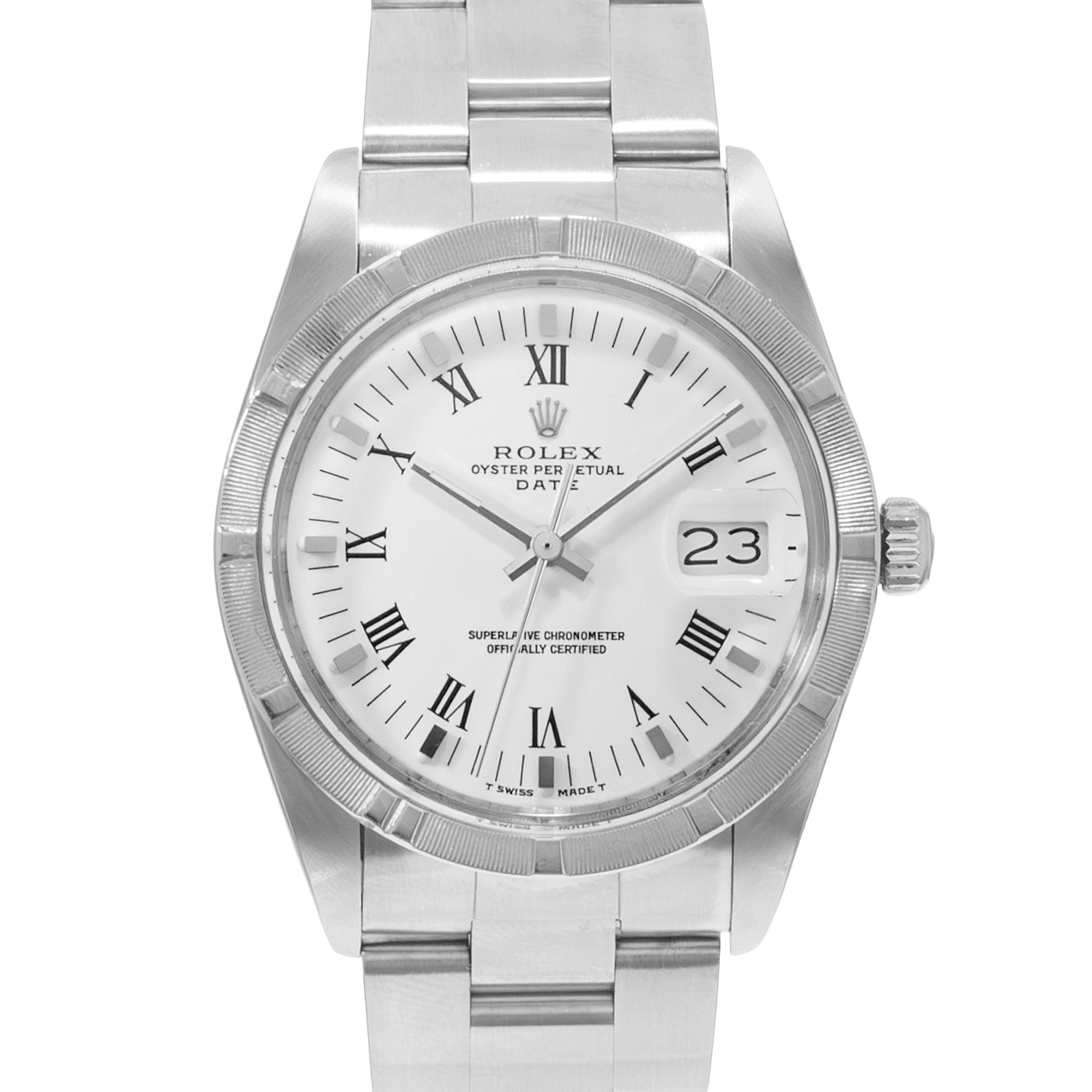 Rolex Oyster Perpetual Date 34 15010 White Roman Steel Oyster Mens Watch 1989 thumbnail 1