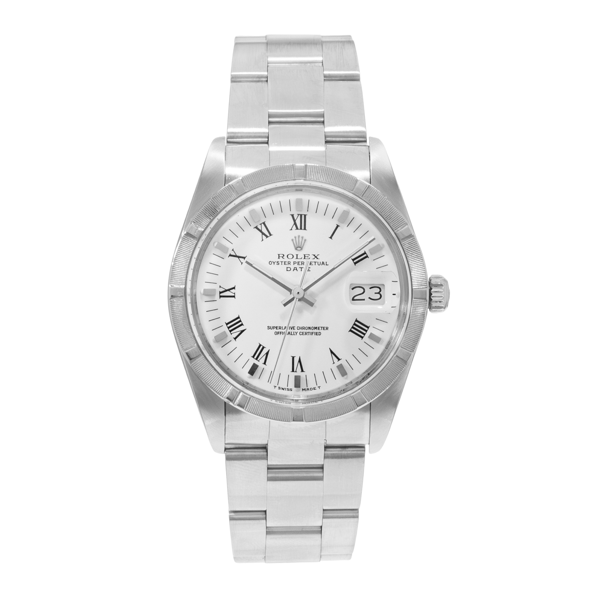 Rolex Oyster Perpetual Date 34 15010 White Roman Steel Oyster Mens Watch 1989 thumbnail 2