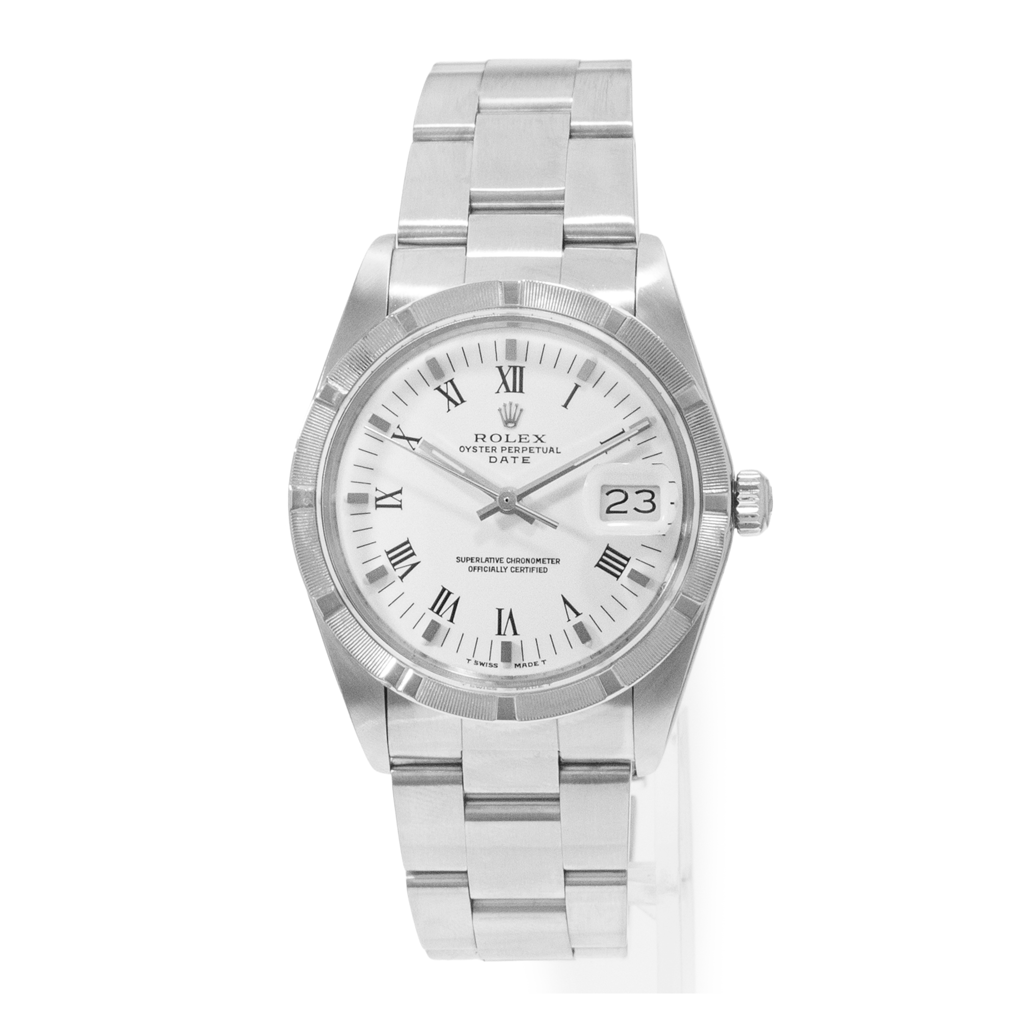 Rolex Oyster Perpetual Date 34 15010 White Roman Steel Oyster Mens Watch 1989 thumbnail 3