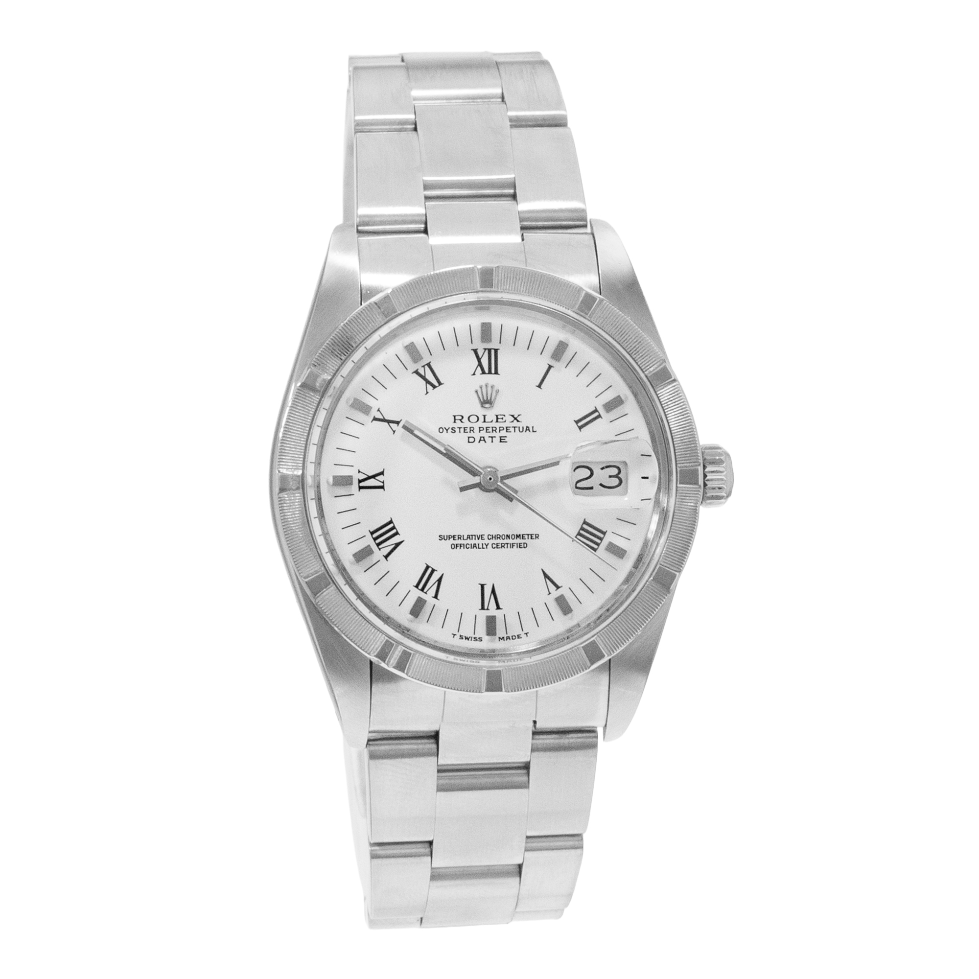 Rolex Oyster Perpetual Date 34 15010 White Roman Steel Oyster Mens Watch 1989 thumbnail 8
