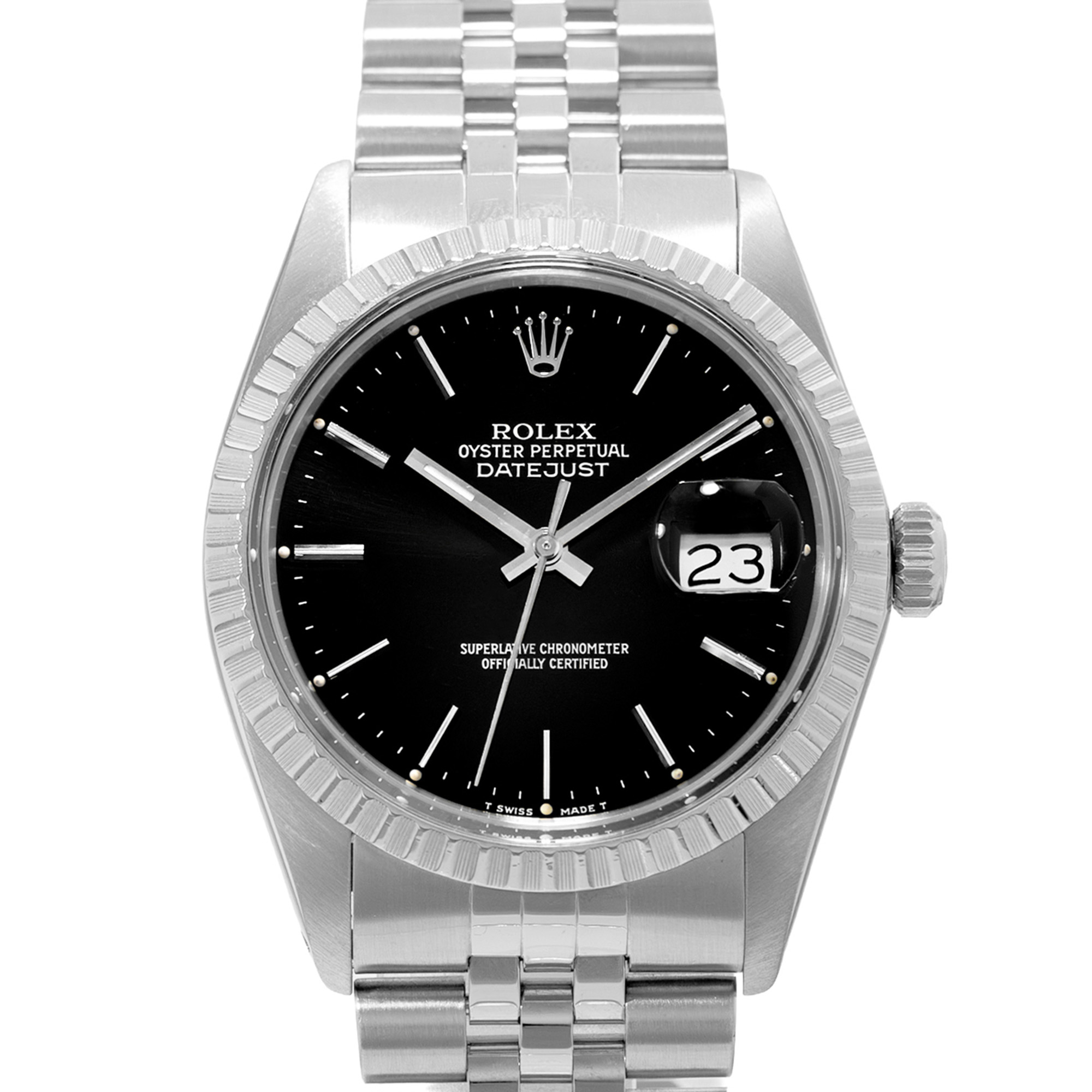 Rolex Datejust 36 16030 Vintage Black Index Steel Engine Turned Mens Watch 1987 thumbnail 1