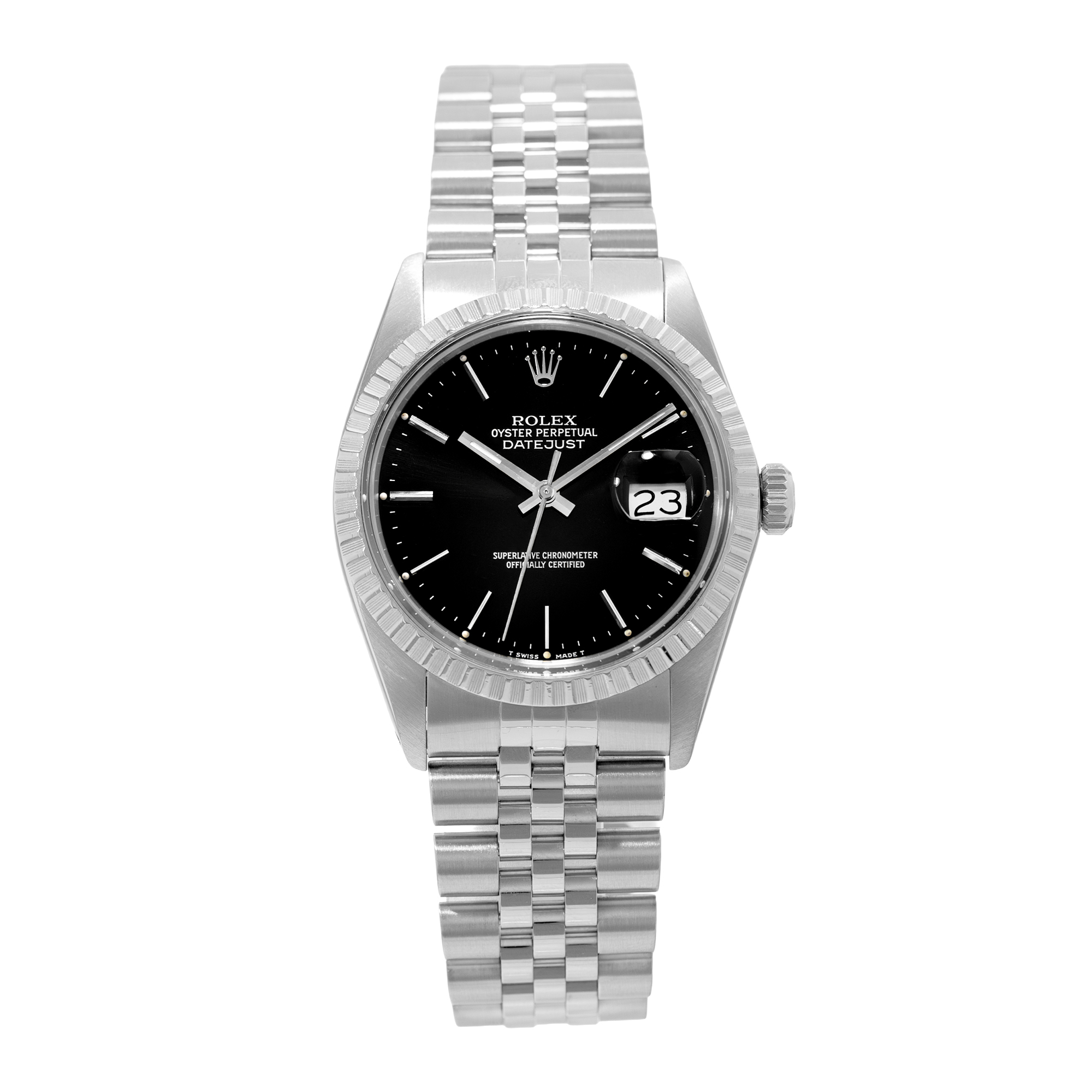 Rolex Datejust 36 16030 Vintage Black Index Steel Engine Turned Mens Watch 1987 thumbnail 2