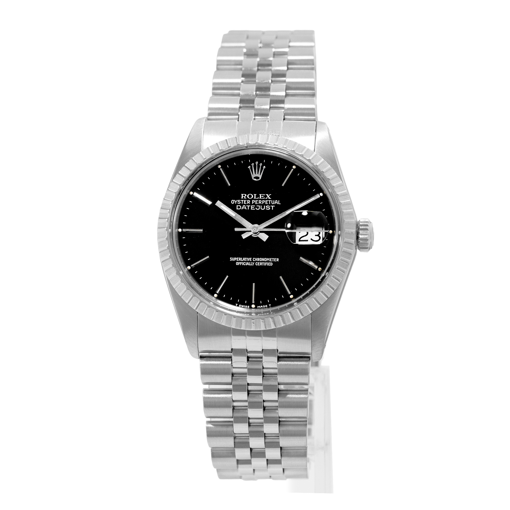 Rolex Datejust 36 16030 Vintage Black Index Steel Engine Turned Mens Watch 1987 thumbnail 3