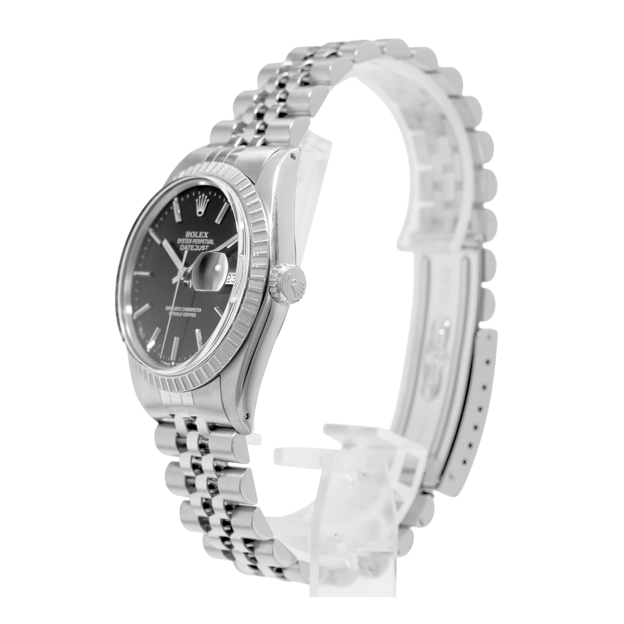 Rolex Datejust 36 16030 Vintage Black Index Steel Engine Turned Mens Watch 1987 thumbnail 4