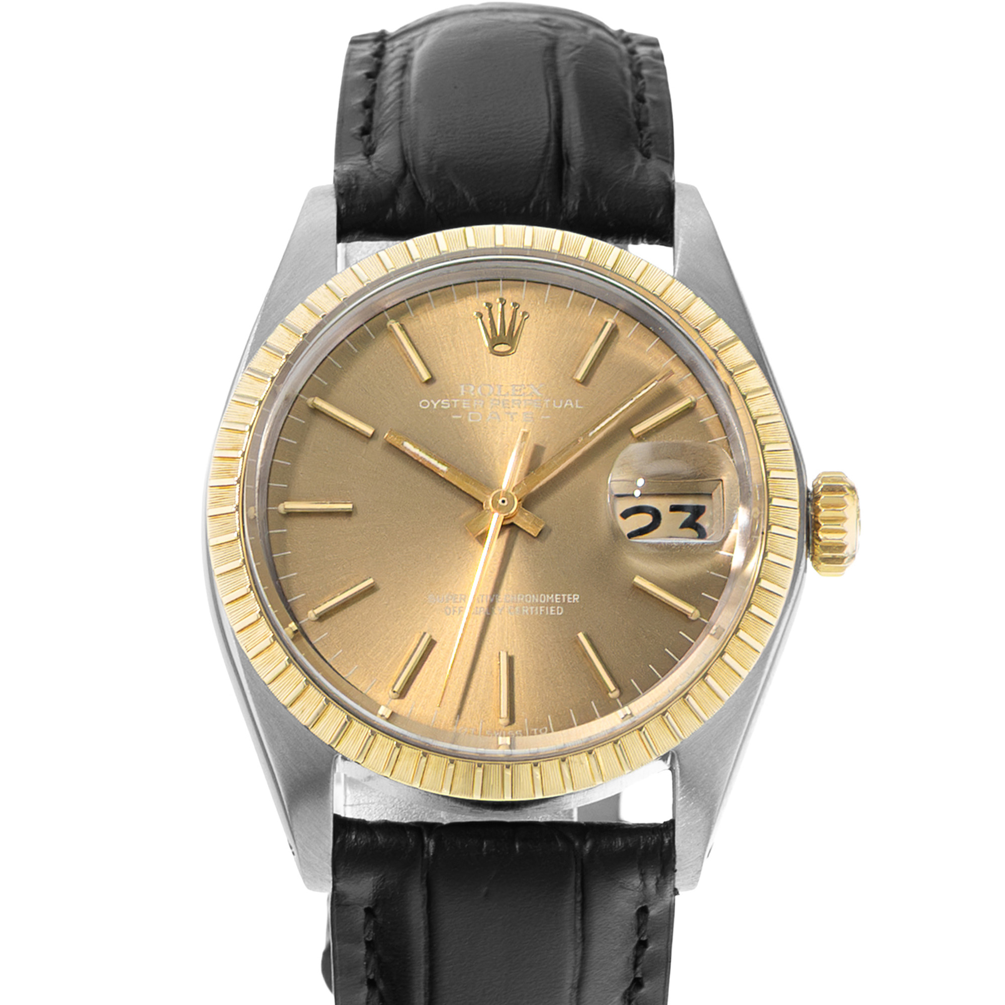 Rolex Oyster Perpetual Date 34 1505 Champagne Steel Yellow Gold Mens Watch 1972 thumbnail 1