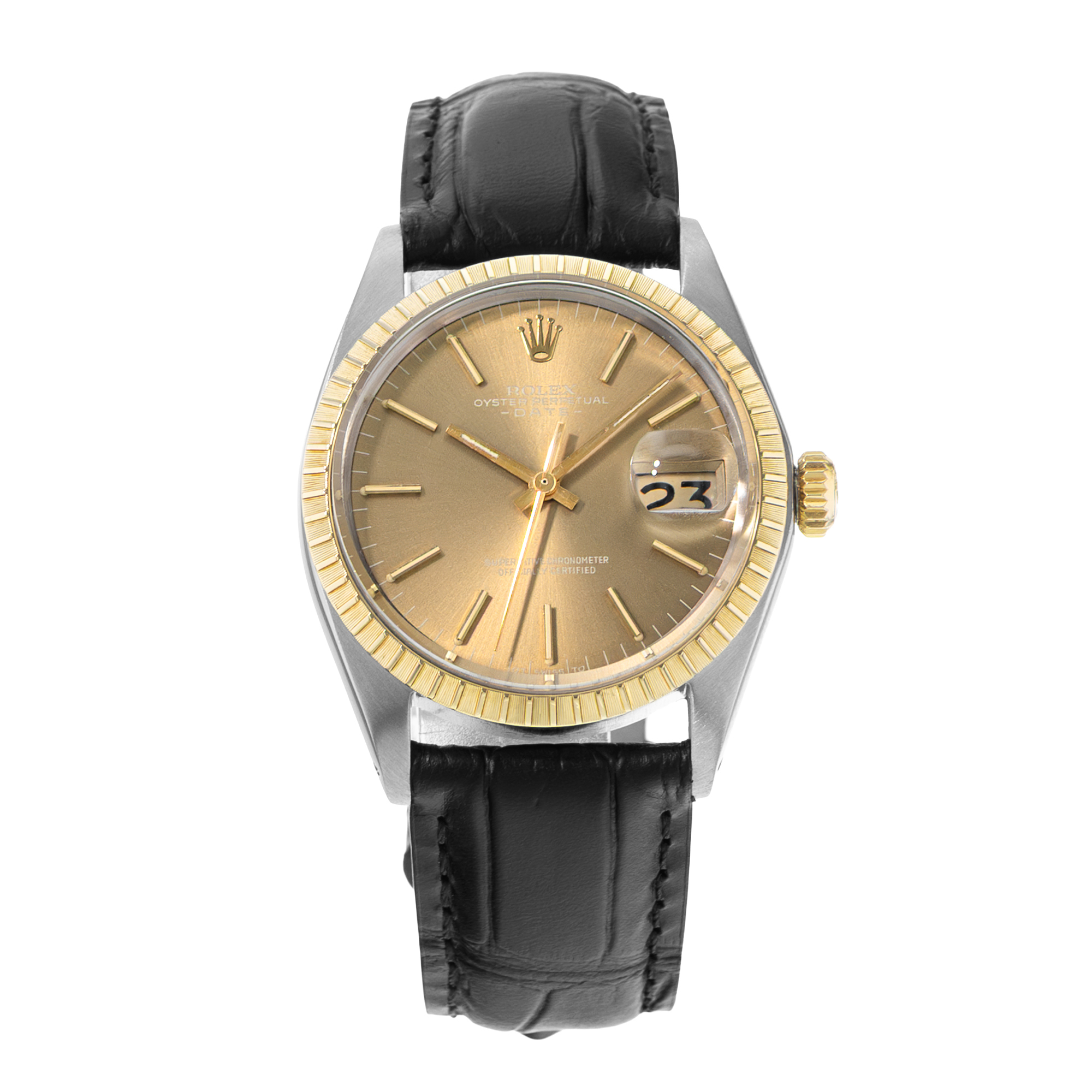 Rolex Oyster Perpetual Date 34 1505 Champagne Steel Yellow Gold Mens Watch 1972 thumbnail 2