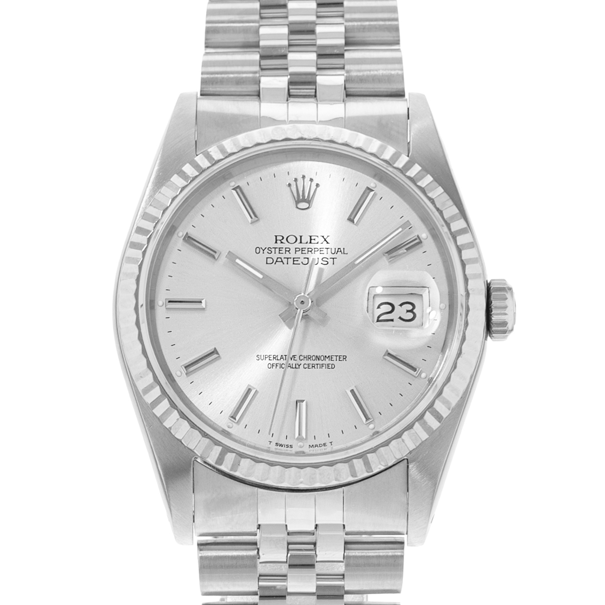 Rolex Datejust 36 16234 Silver Index Fluted Steel White Gold Mens Watch 1990 thumbnail 1
