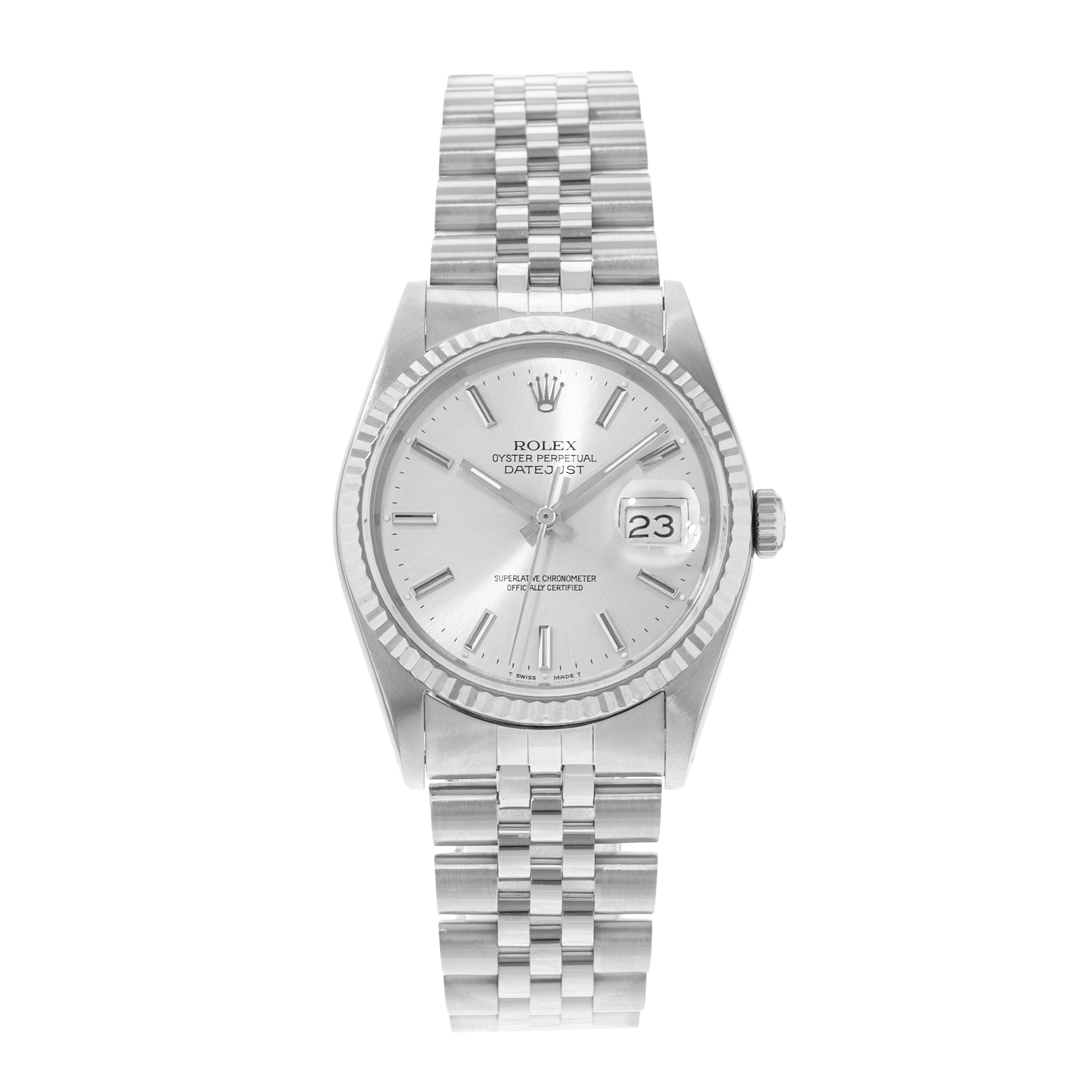 Rolex Datejust 36 16234 Silver Index Fluted Steel White Gold Mens Watch 1990 thumbnail 2